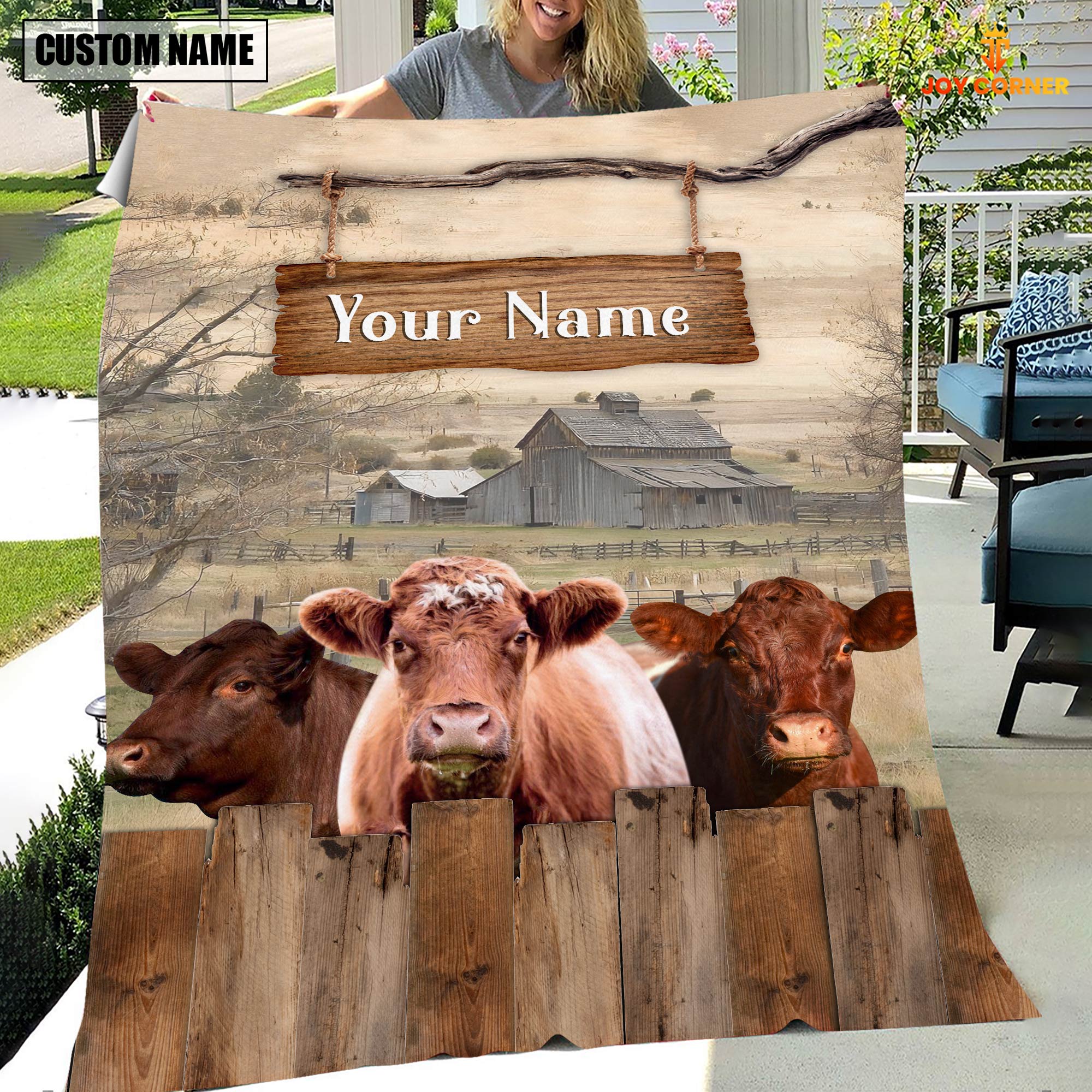 Personalized Name Shorthorn Wooden Pattern Blanket