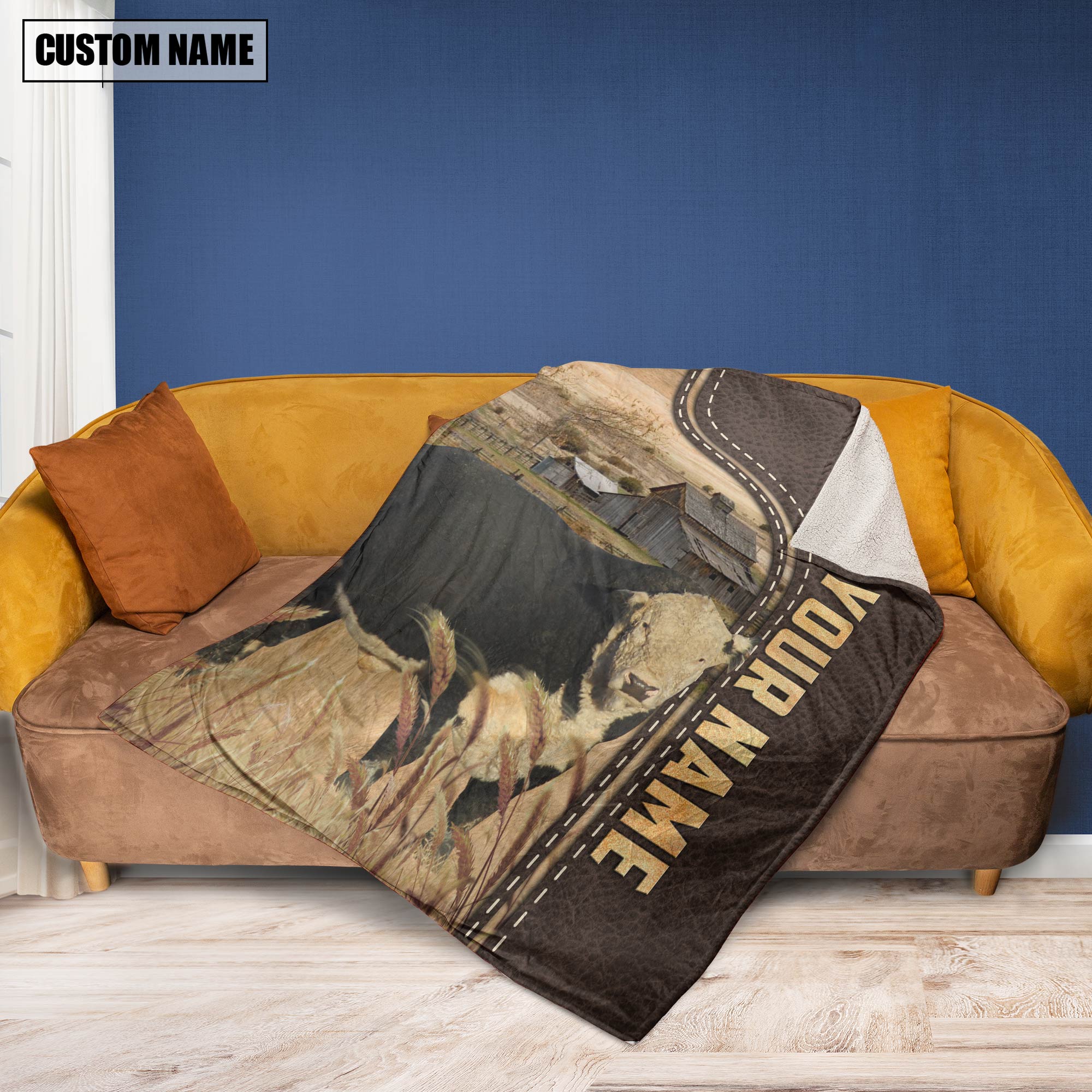 Personalized Name Black Hereford Leather Pattern Blanket