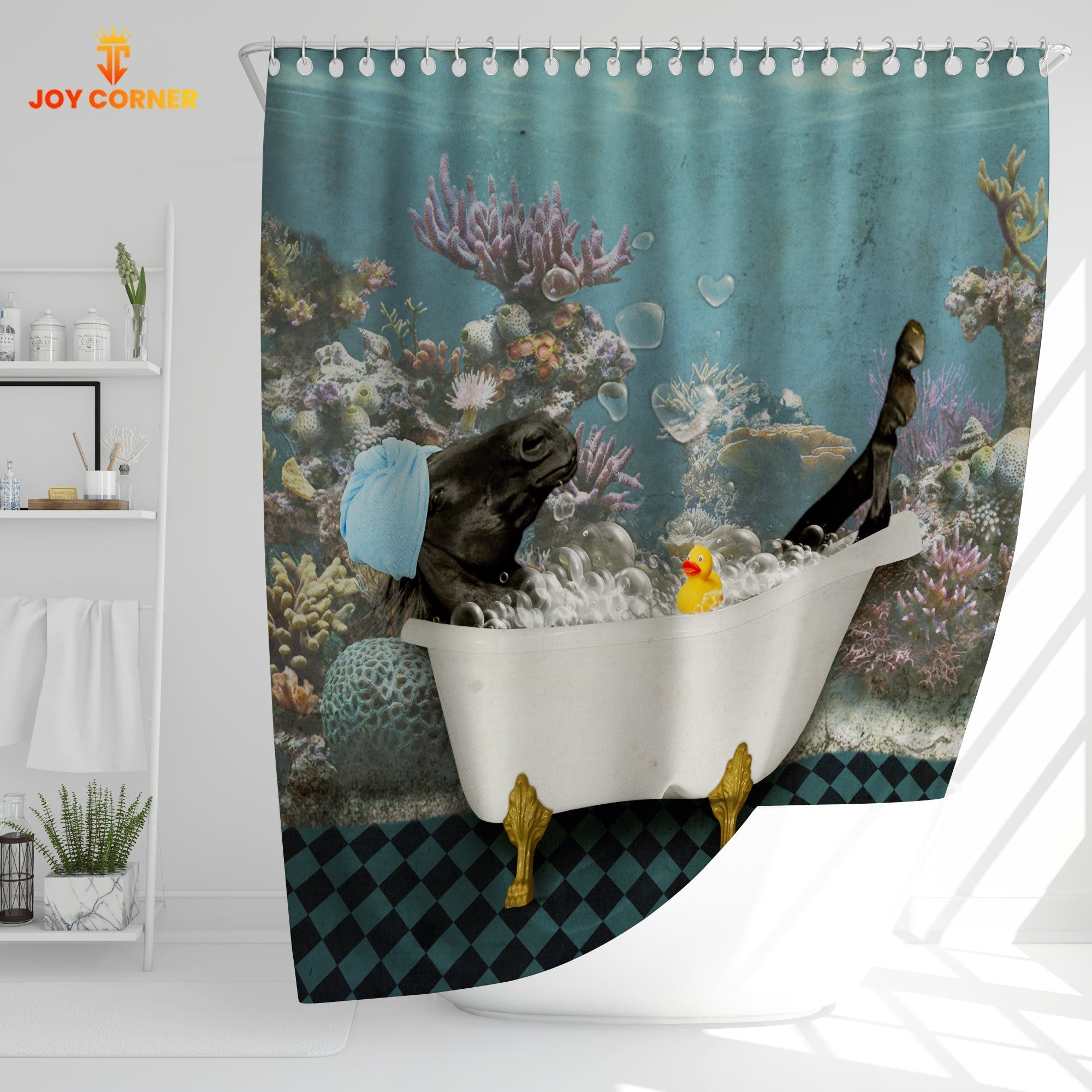 Black Horse Taking Shower Under The Sea 3D Shower Curtain