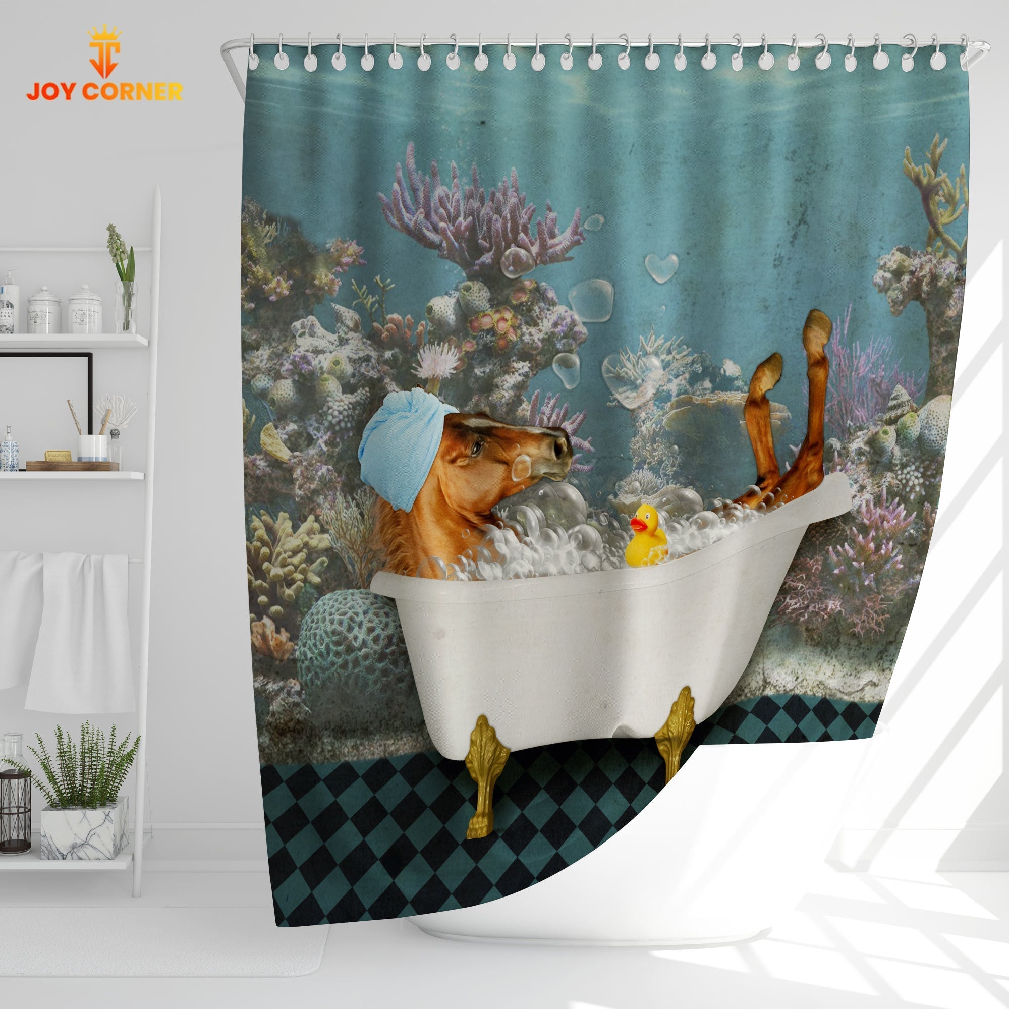 Brown Horse Taking Shower Under The Sea 3D Shower Curtain