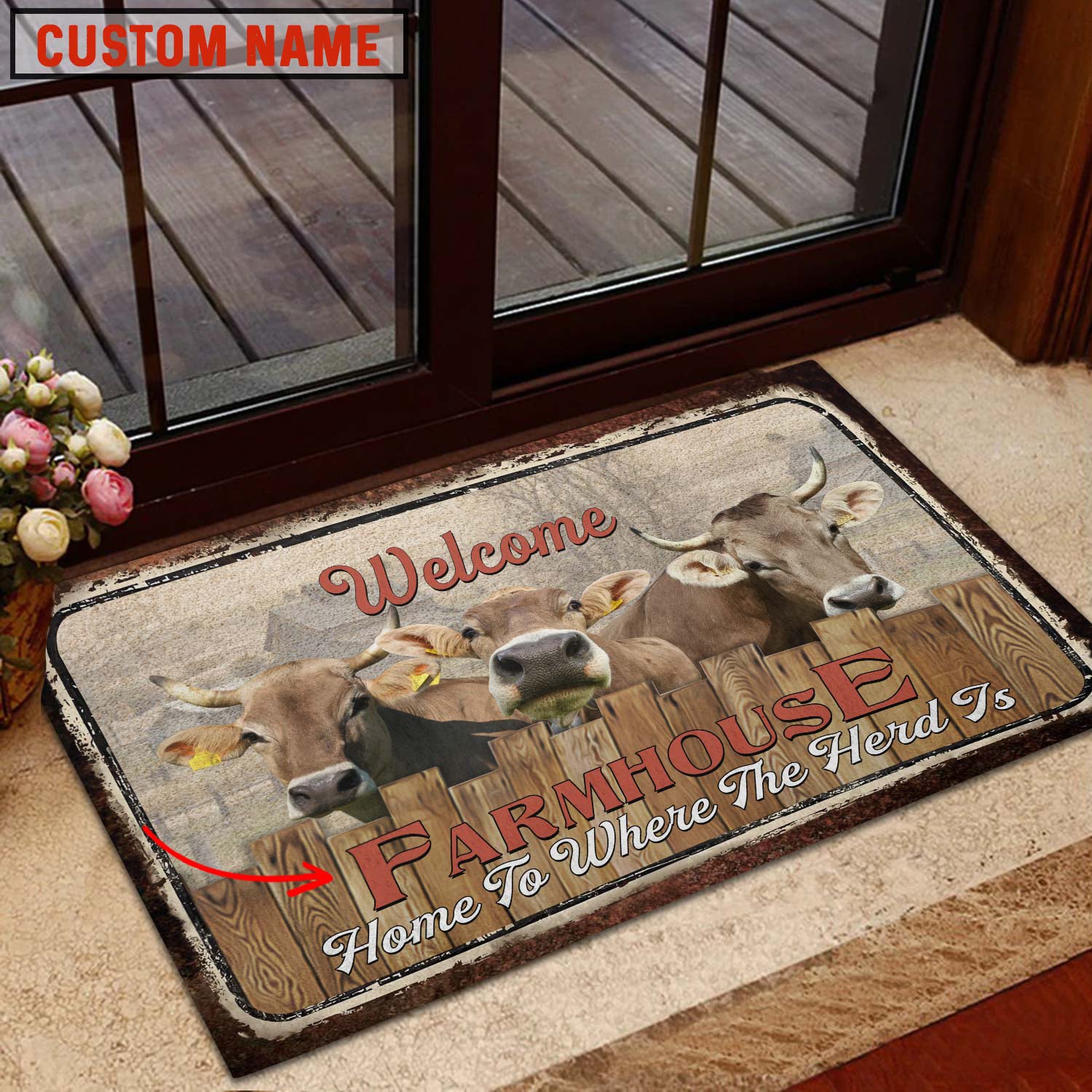 Brown Swiss Custom Name - Home To Where The Herd Is FarmHouse Doormat