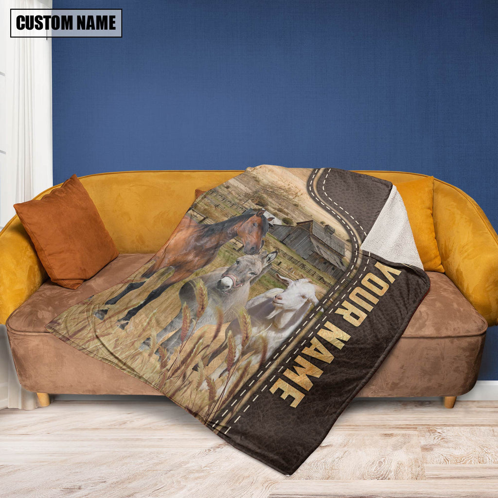 Personalized Name Horse, Donkey and Goat Leather Pattern Blanket