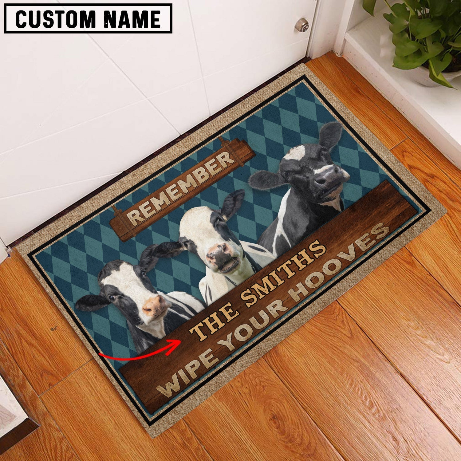 Holstein Wipe Your Hooves Custom Name Doormat