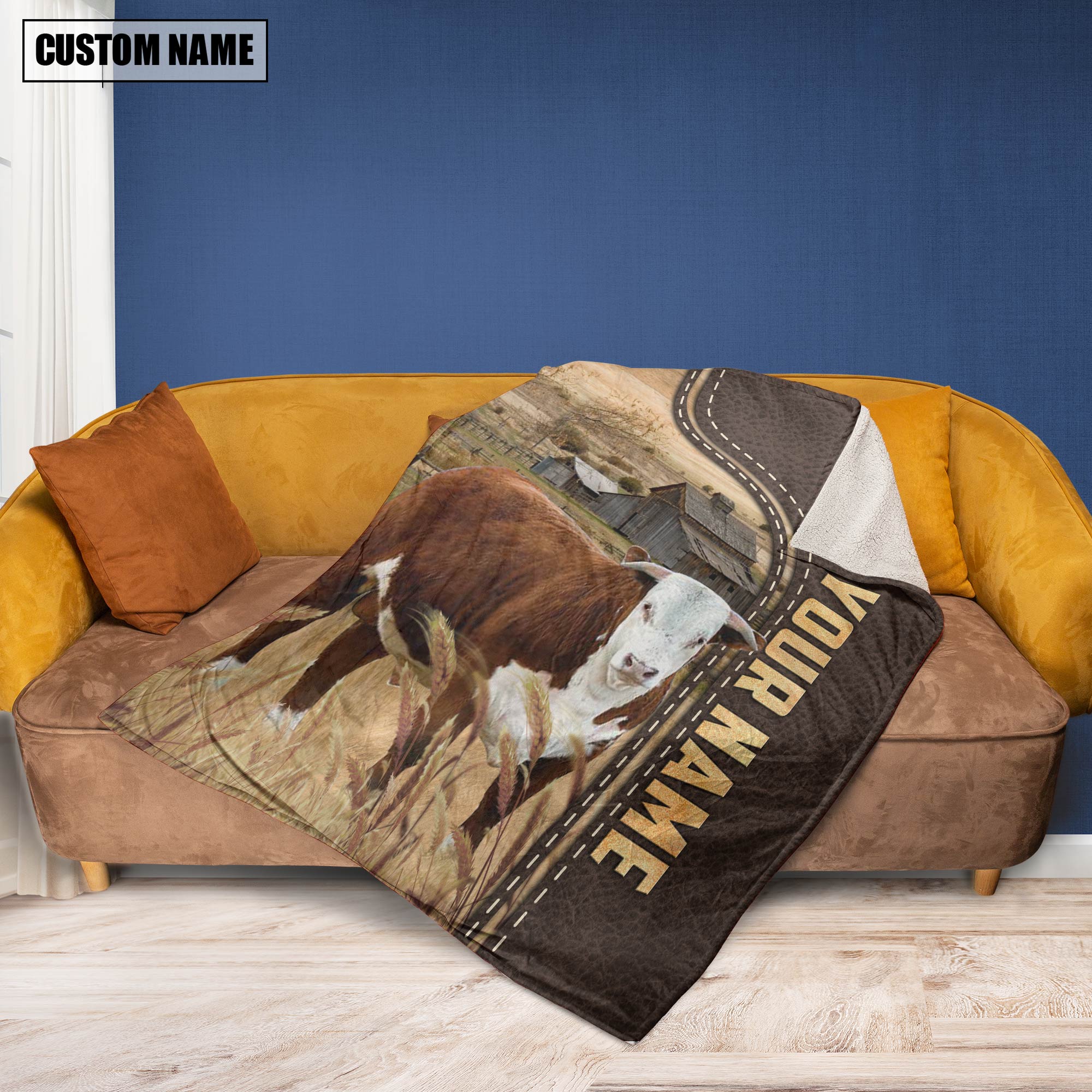 Personalized Name Horn Hereford Leather Pattern Blanket