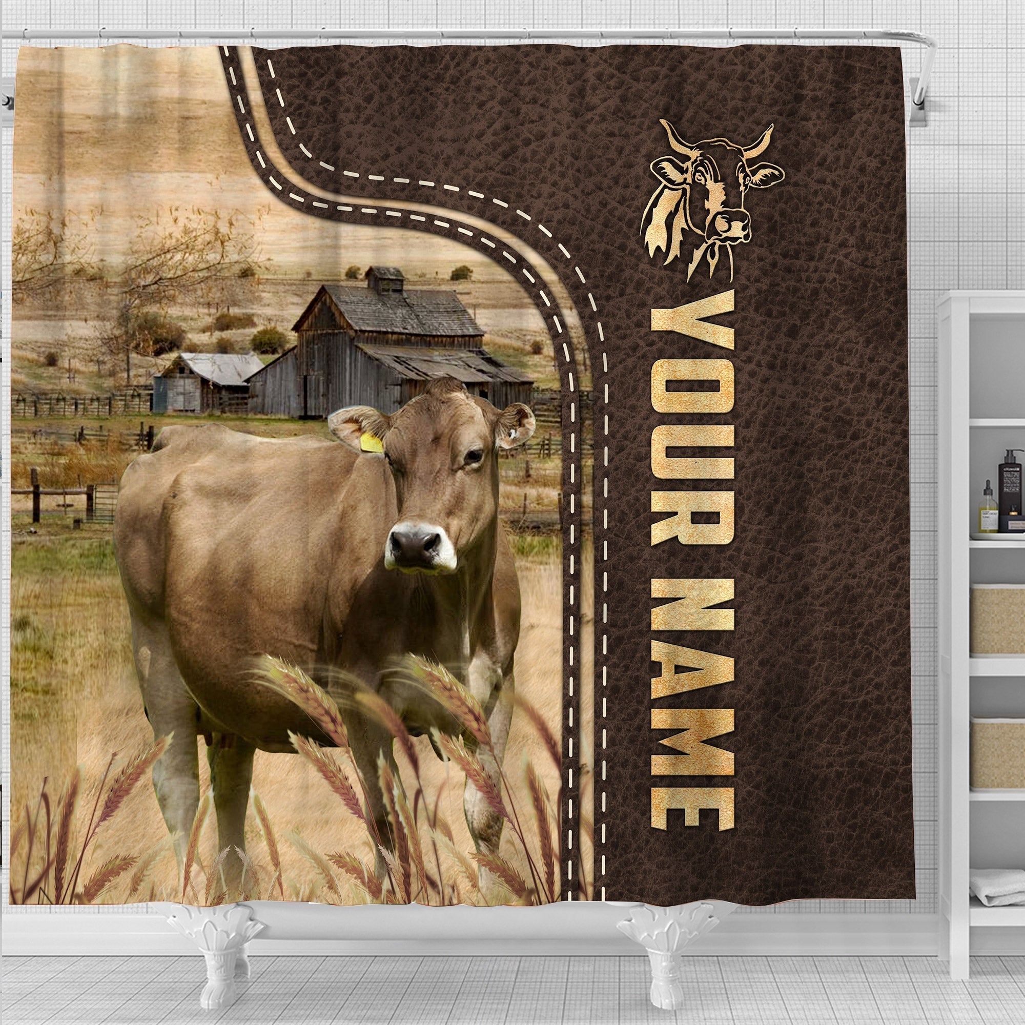 Brown Swiss Leather Pattern Custom Name Shower Curtain