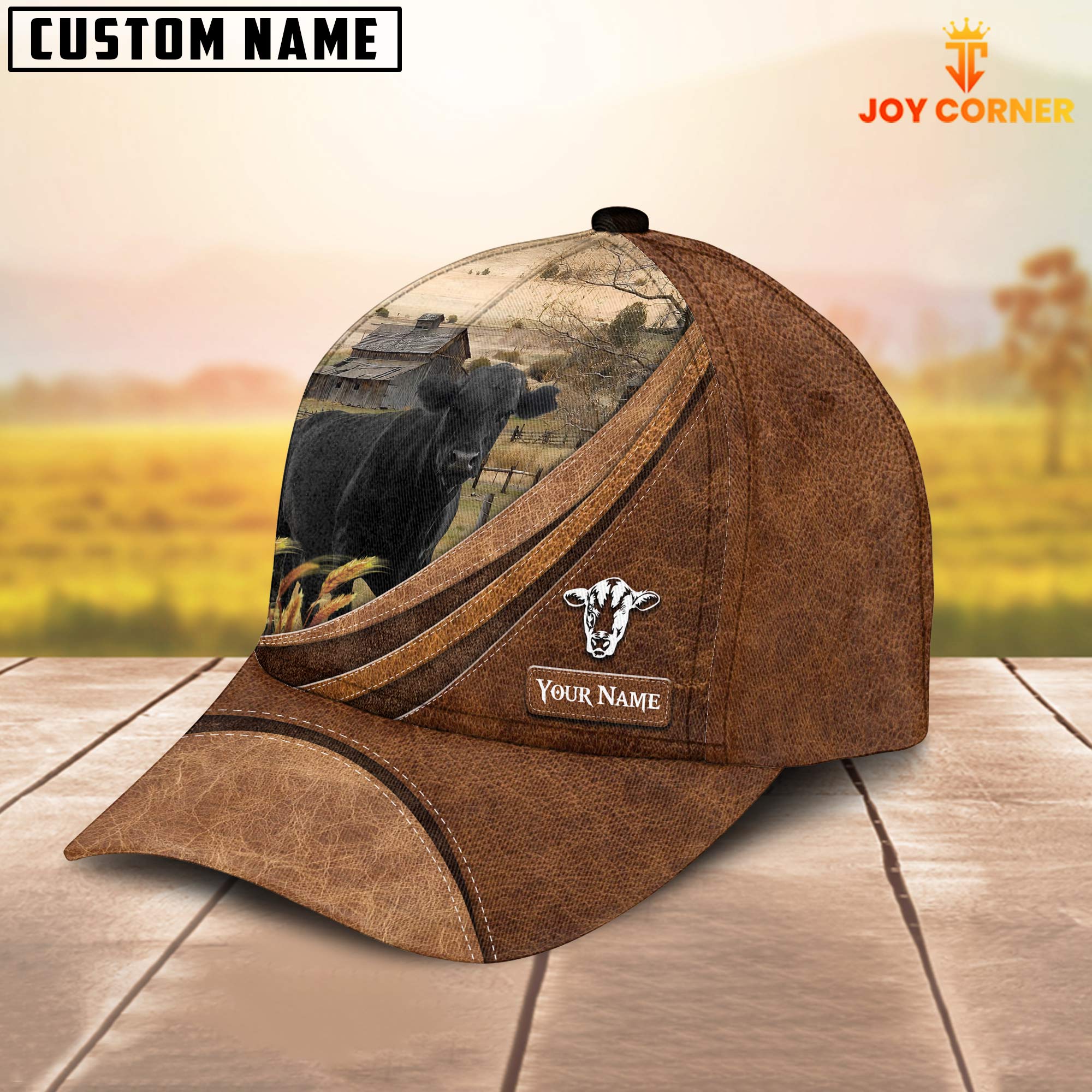 Custom Name Black Angus Leather Pattern Classic Cap