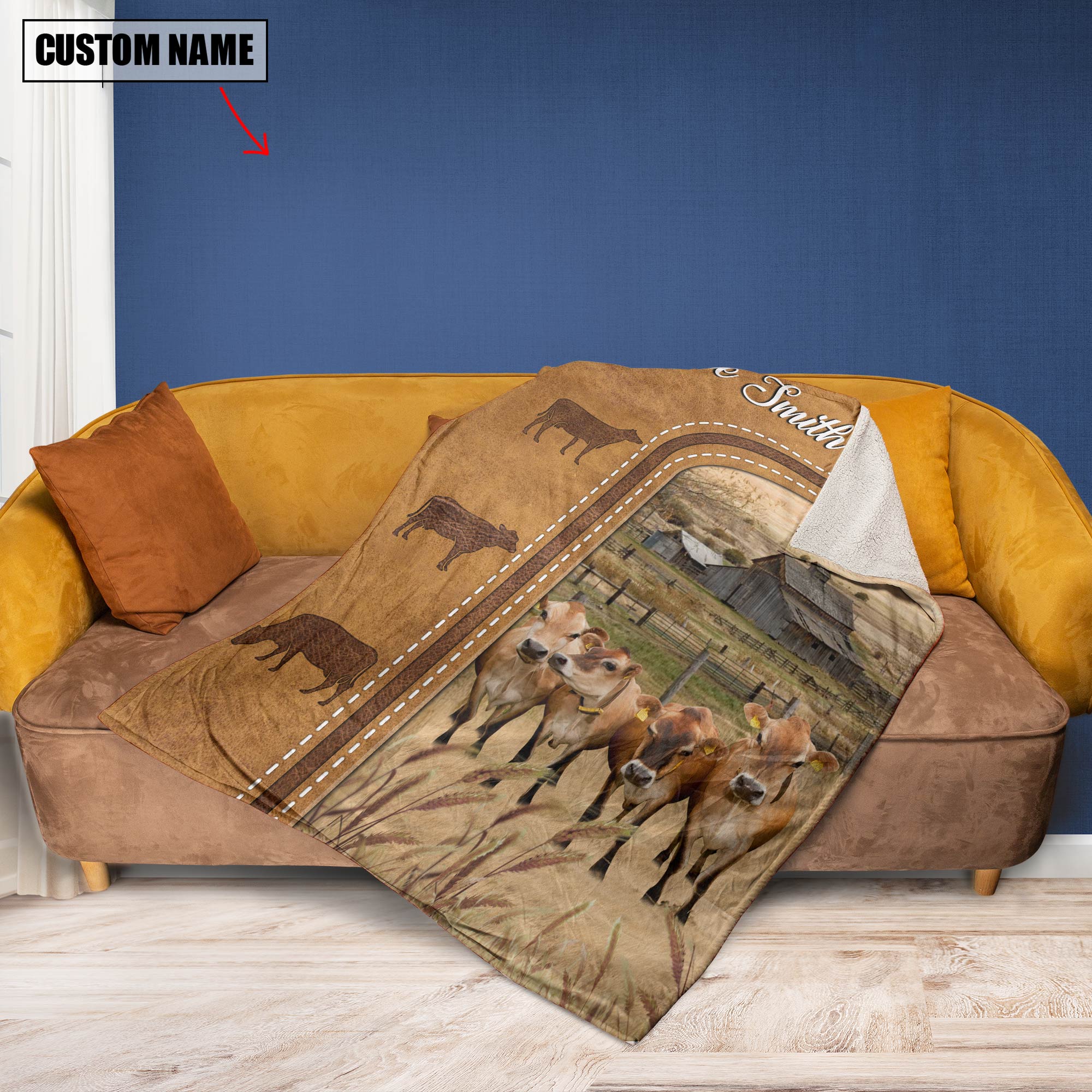 Personalized Jersey Cattle In Field Farmhouse Blanket