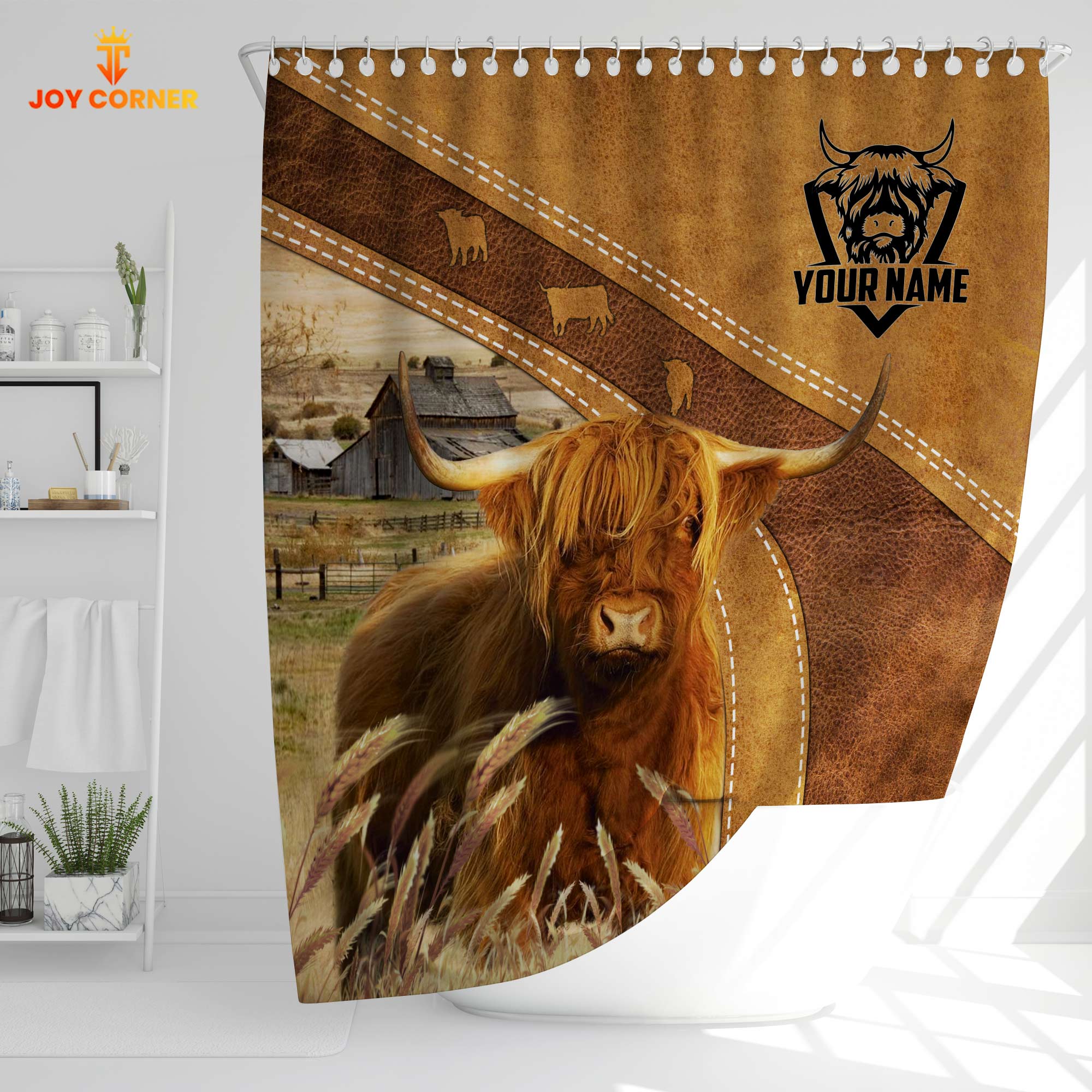 Custom Name Highland Cattle Pattern Shower Curtain