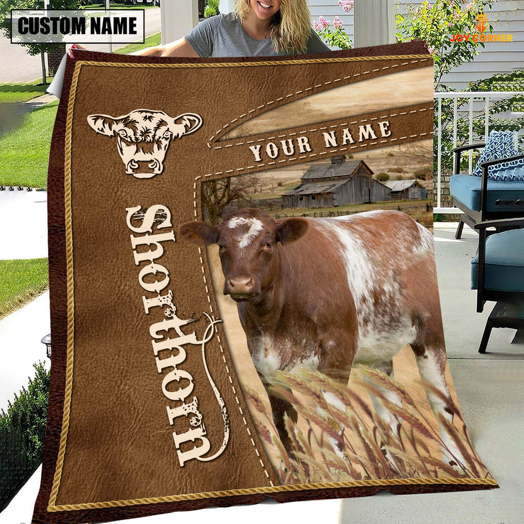 Personalized Name Shorthorn Farm Leather Brown Blanket
