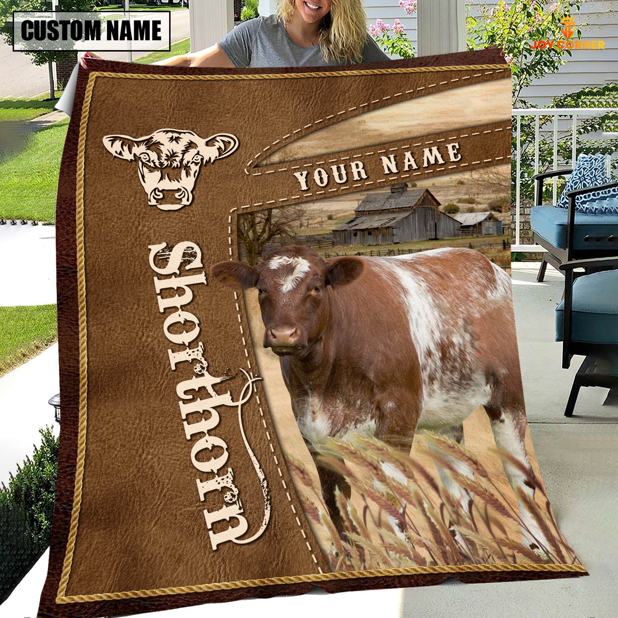 Personalized Name Shorthorn Farm Leather Brown Blanket