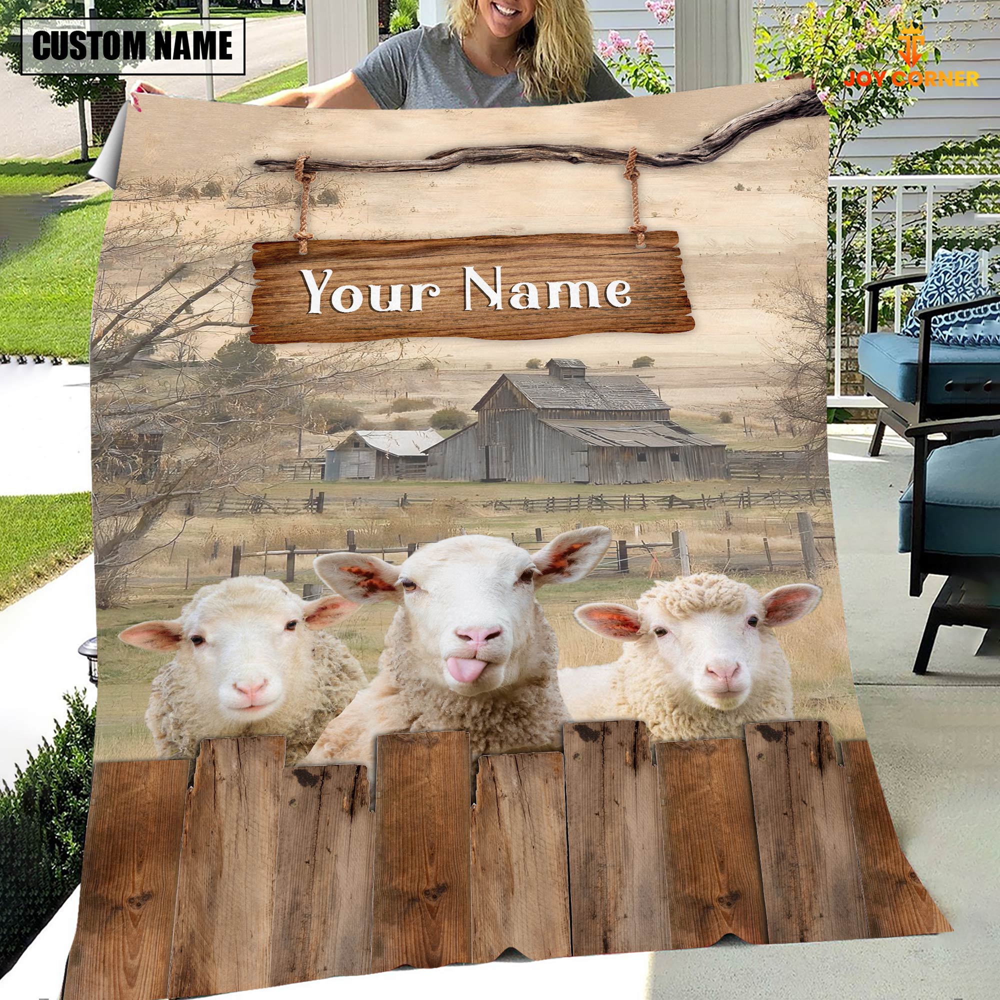 Personalized Name Sheep Wooden Pattern Blanket