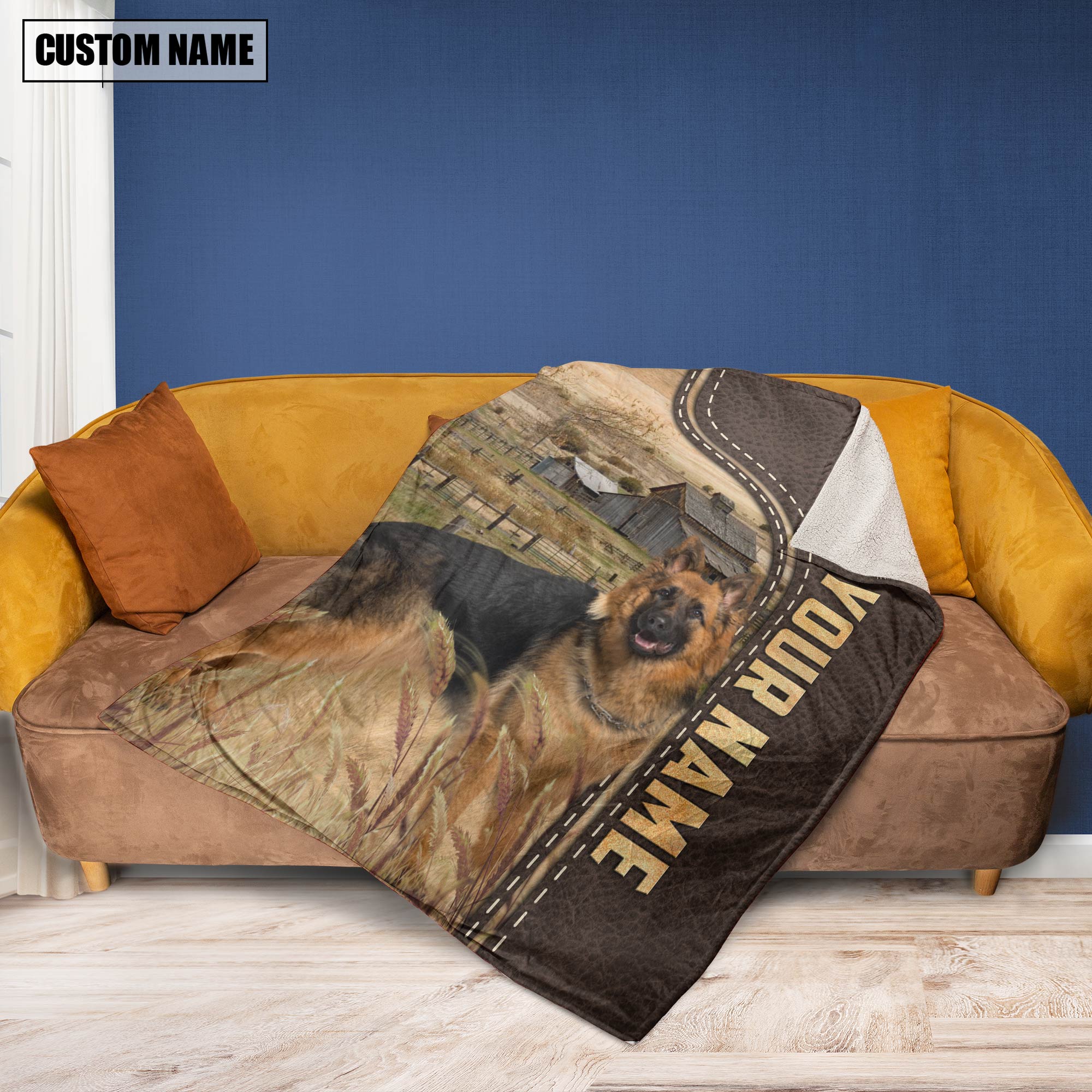 Personalized Name German Shepherd Leather Pattern Blanket