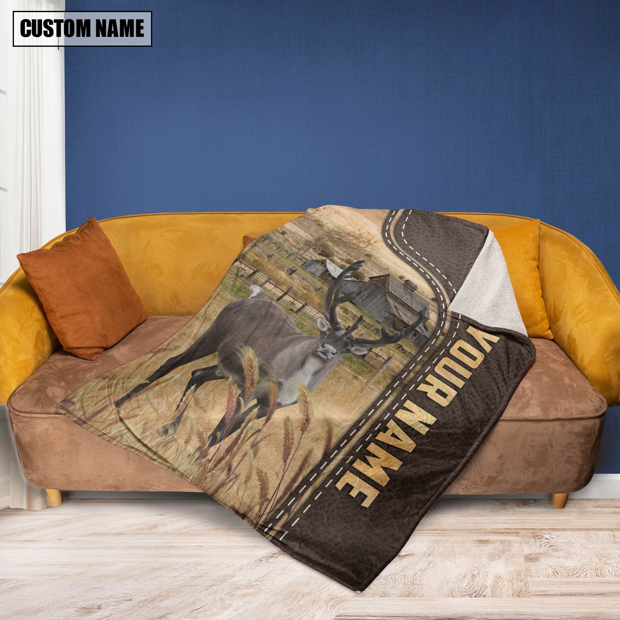 Rain Deer Custom Name Leather Pattern Blanket