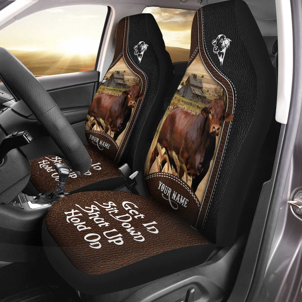 Beefmaster Personalized Name Black And Brown Leather Pattern Car Seat Covers Universal Fit (2Pcs)