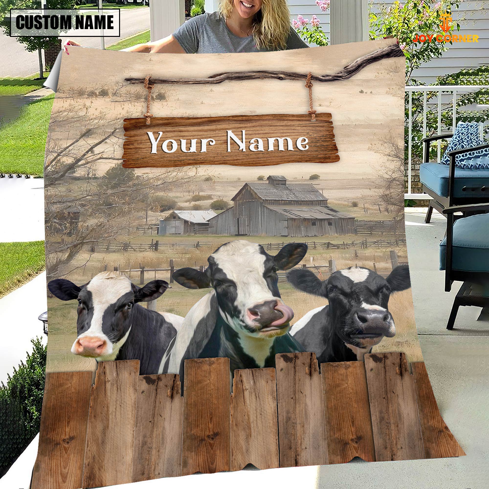 Personalized Name Holstein Wooden Pattern Blanket