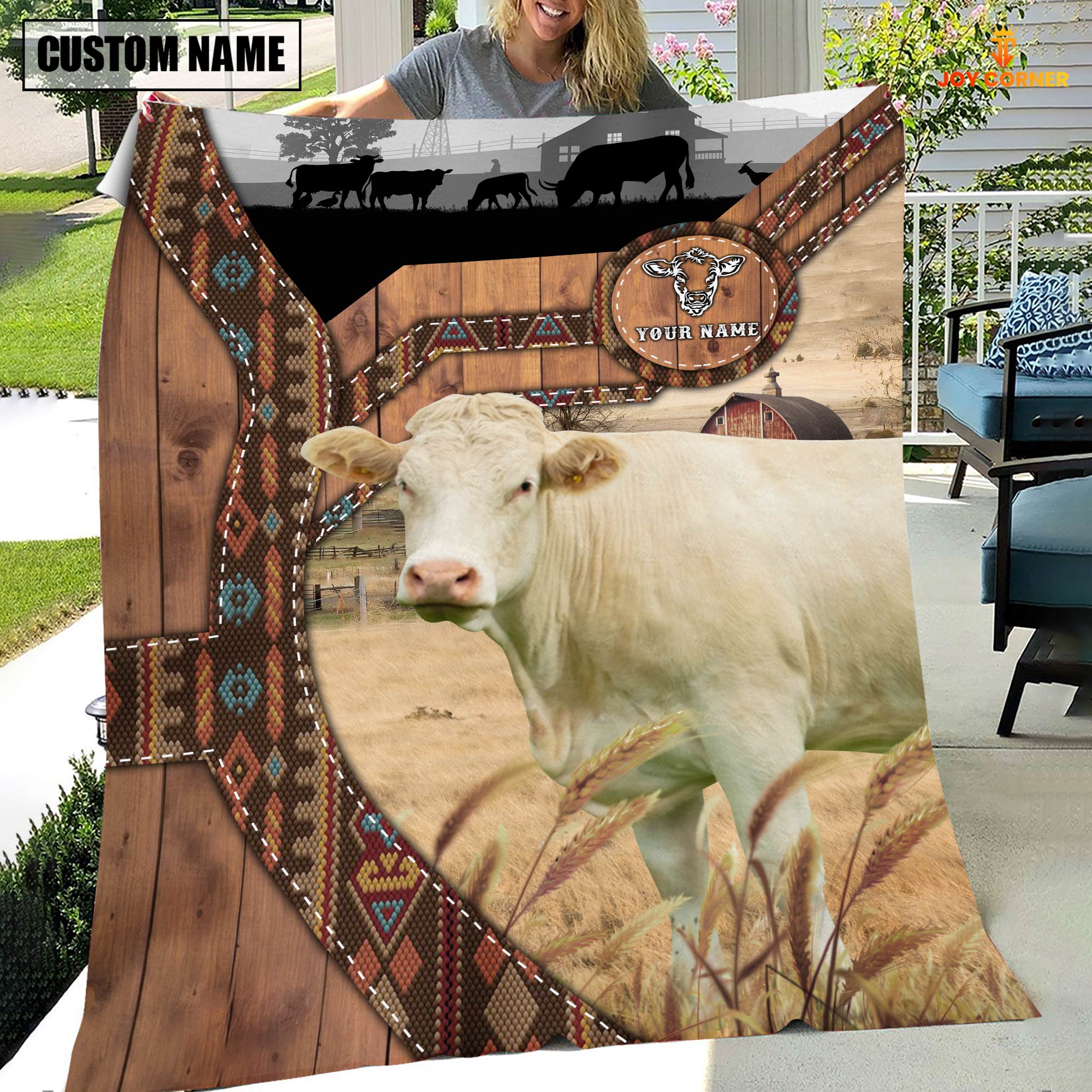Charolais No Horn Custom Name Brocade Pattern Blanket