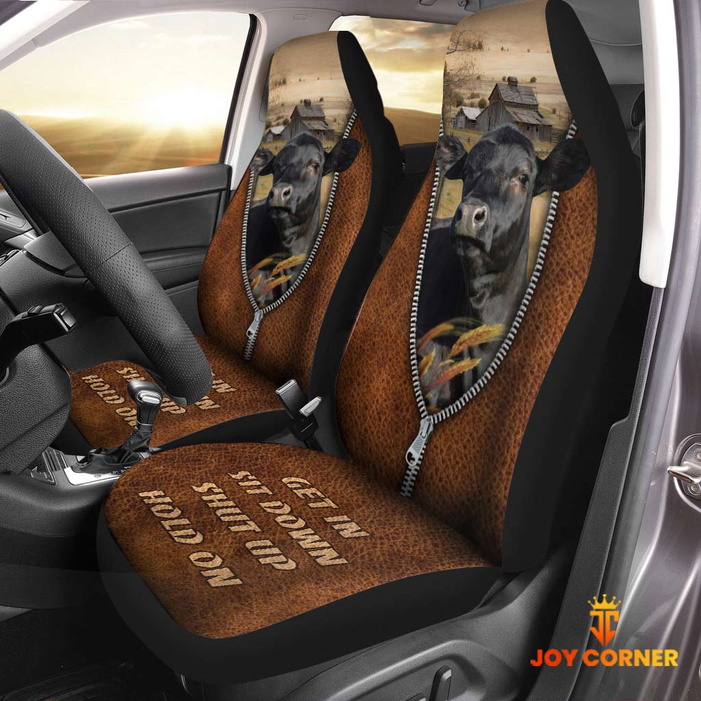 Black Angus Zipper Leather Pattern Car Seat Covers Universal Fit (2Pcs)