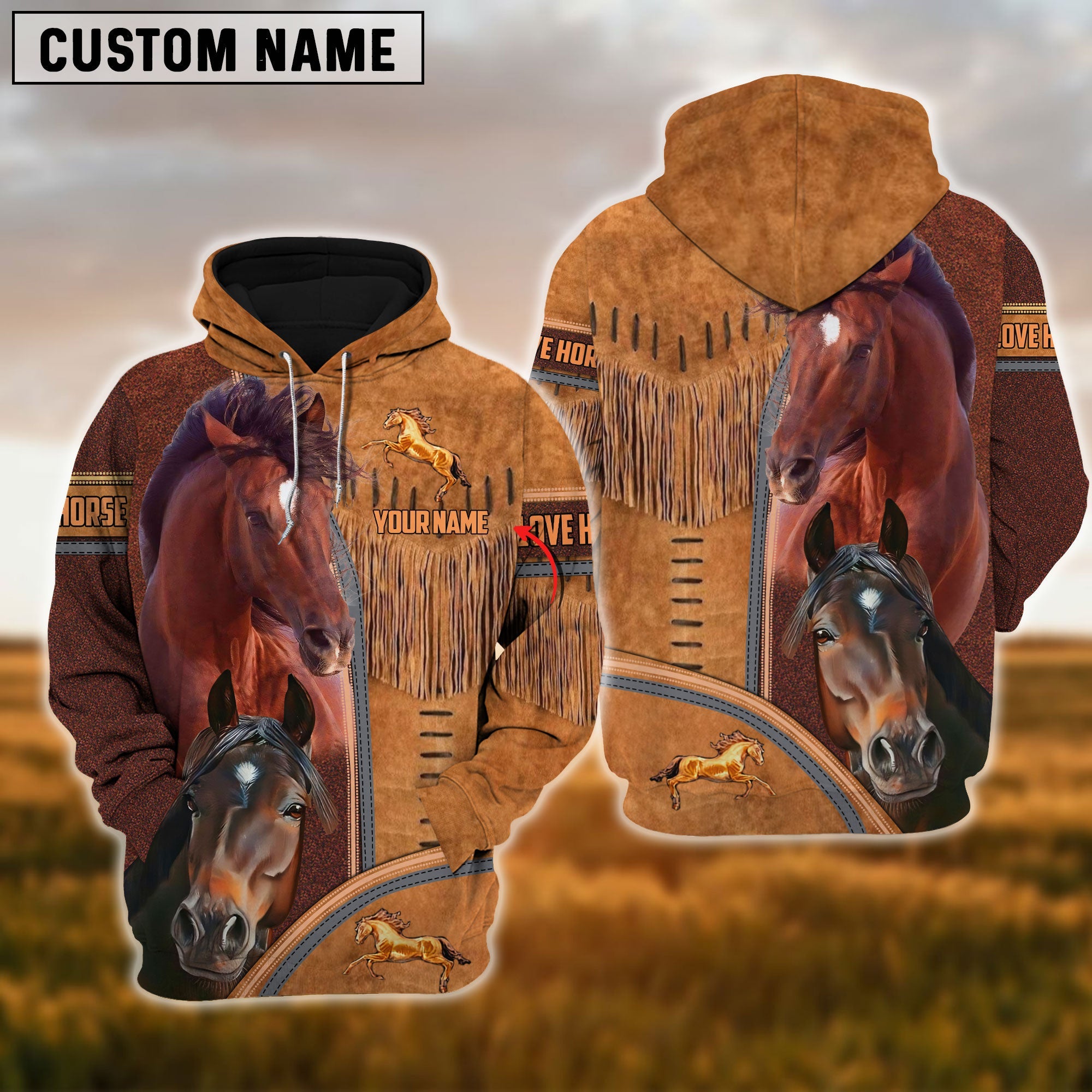 Custom Name 2 Brown Horses Lovers 3D Hoodie
