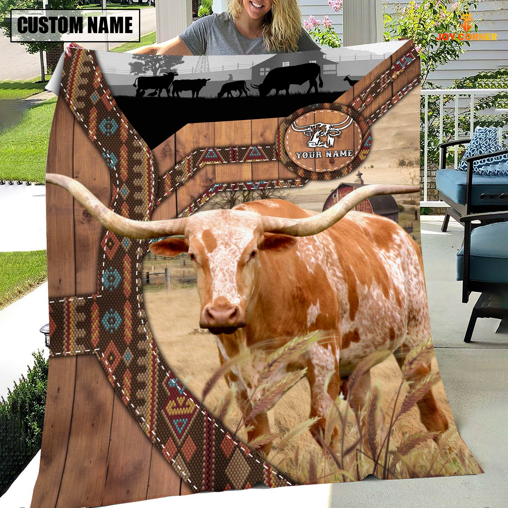 Texas Longhorn Custom Name Brocade Pattern Blanket