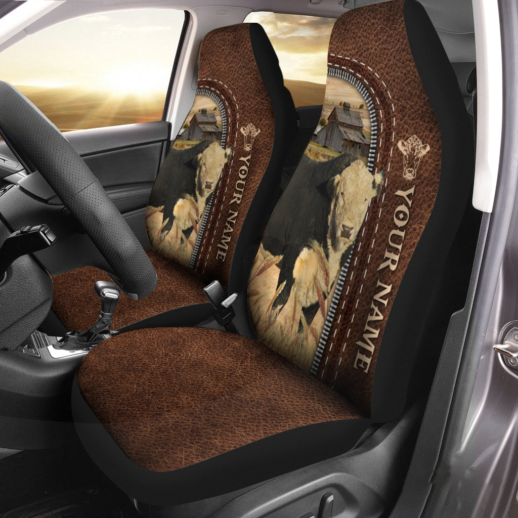 Black Hereford Personalized Name Leather Pattern Car Seat Covers Universal Fit (2Pcs)