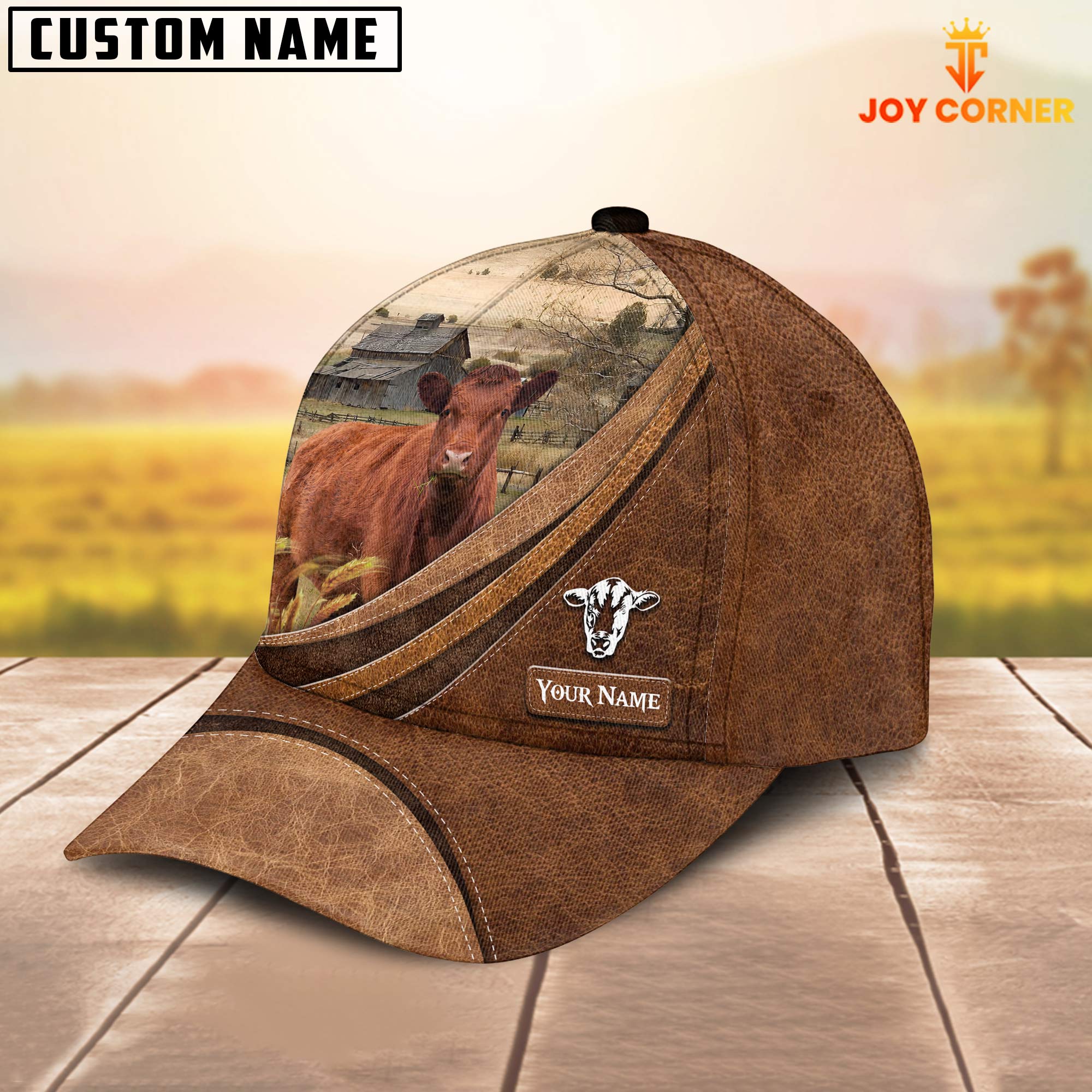 Custom Name Red Angus Leather Pattern Classic Cap