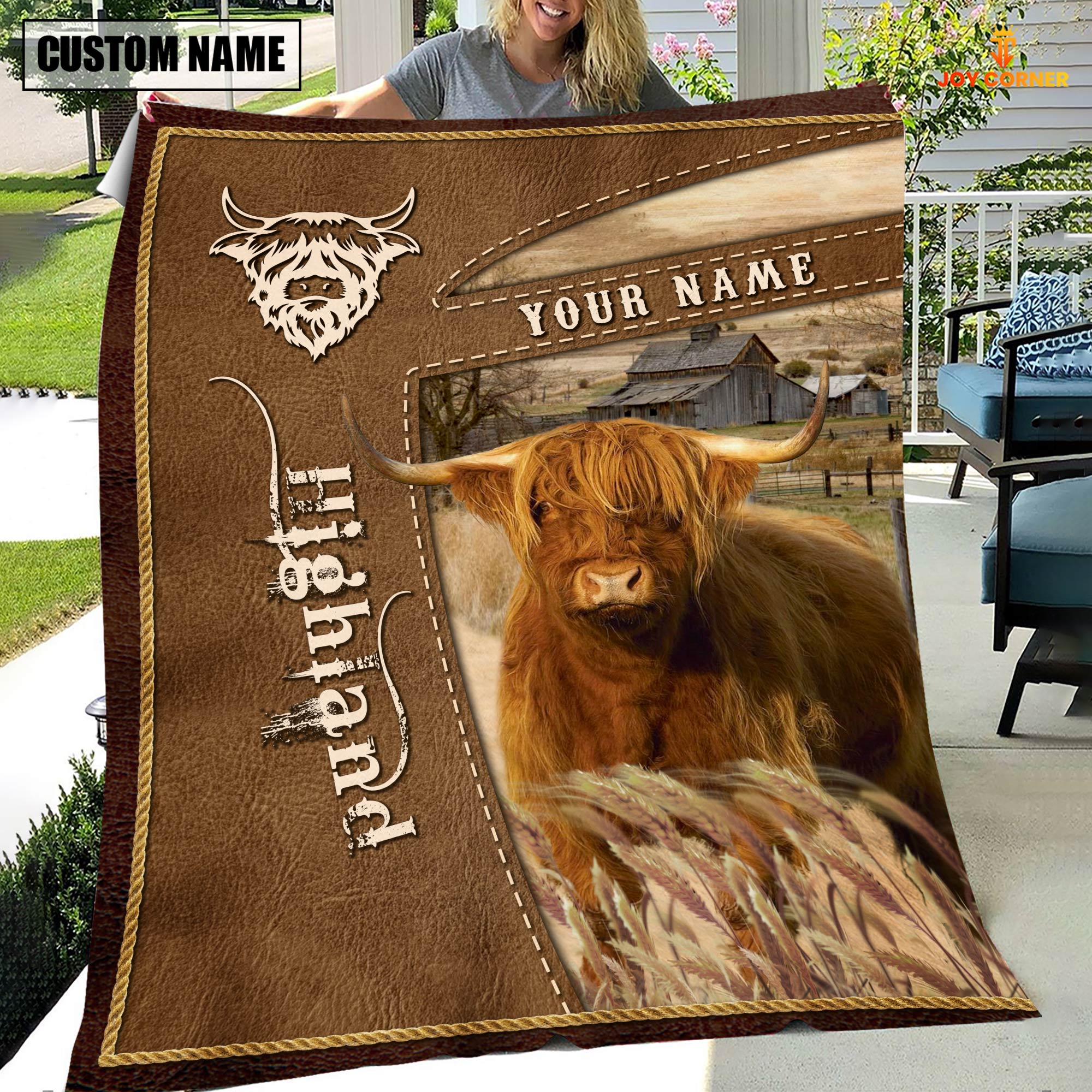 Personalized Name Highland Farm Leather Brown Blanket