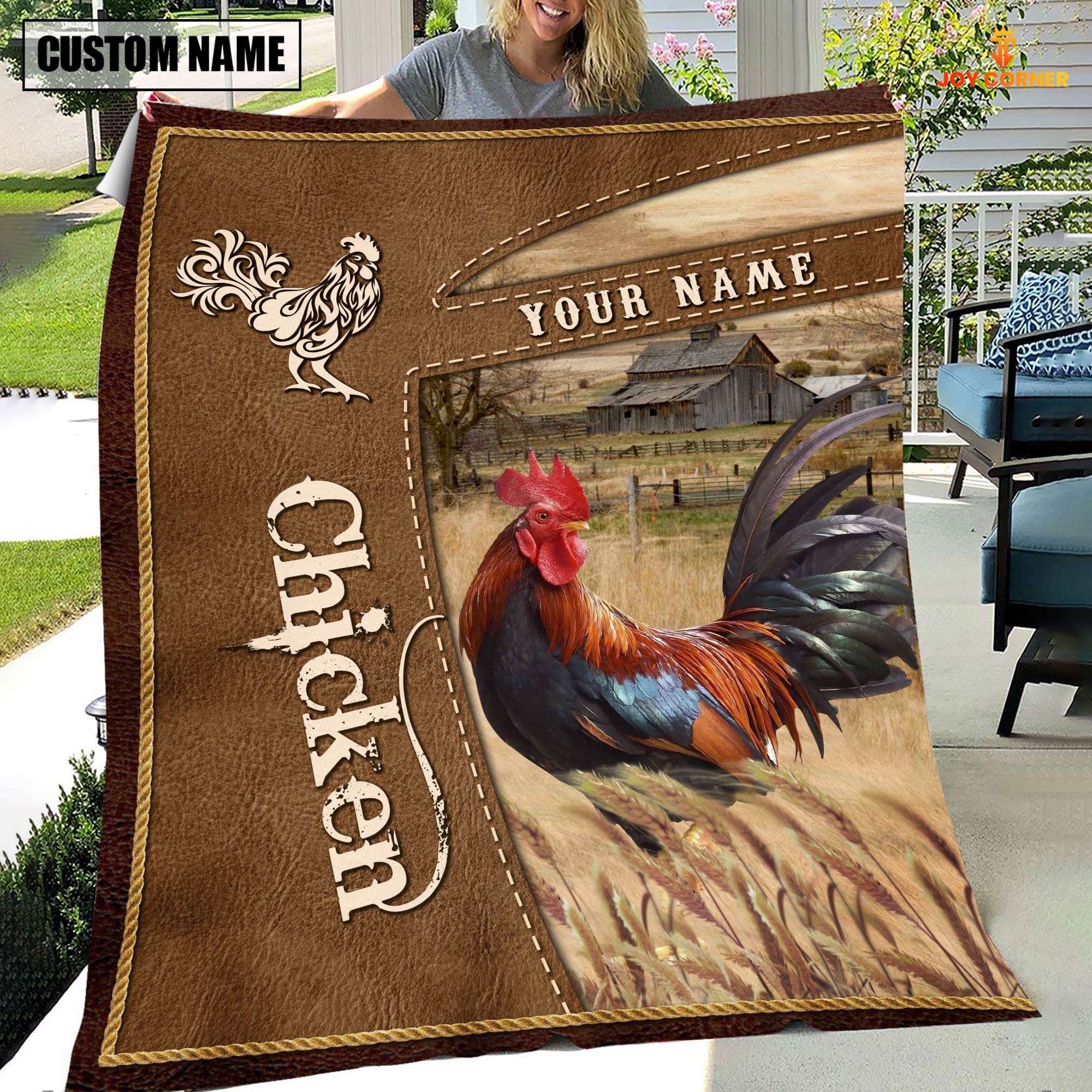 Personalized Name Chicken Farm Leather Brown Blanket