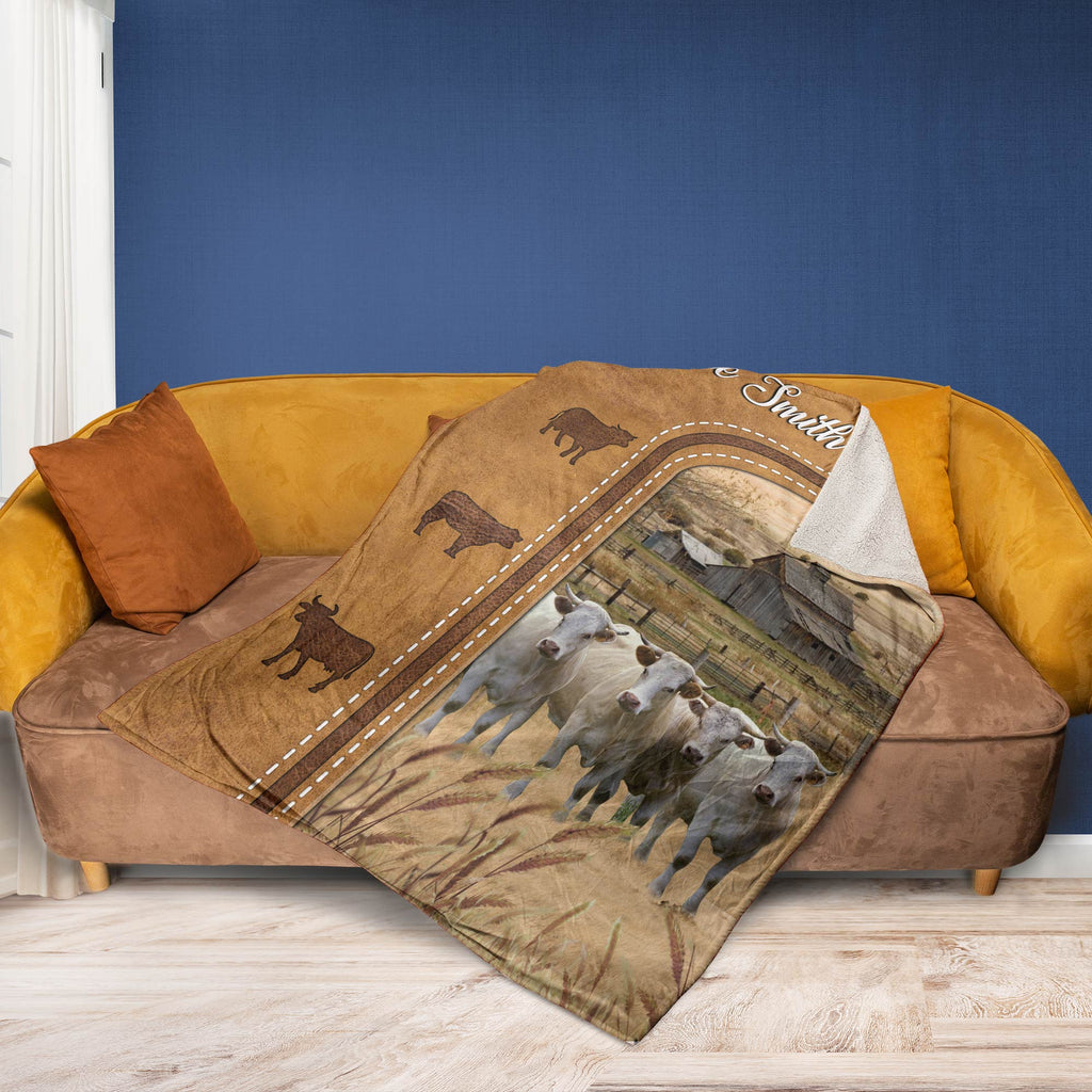 Personalized Charolais Cattle In Field Farmhouse Blanket