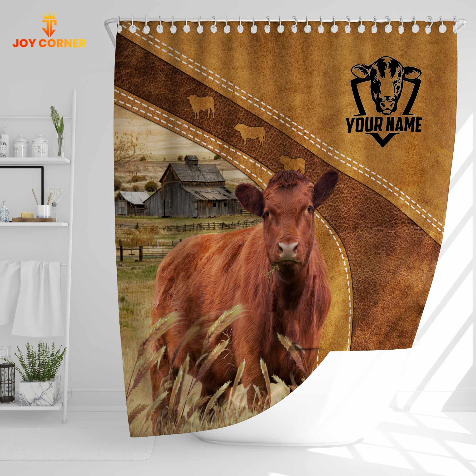 Custom Name Red Angus Pattern Shower Curtain