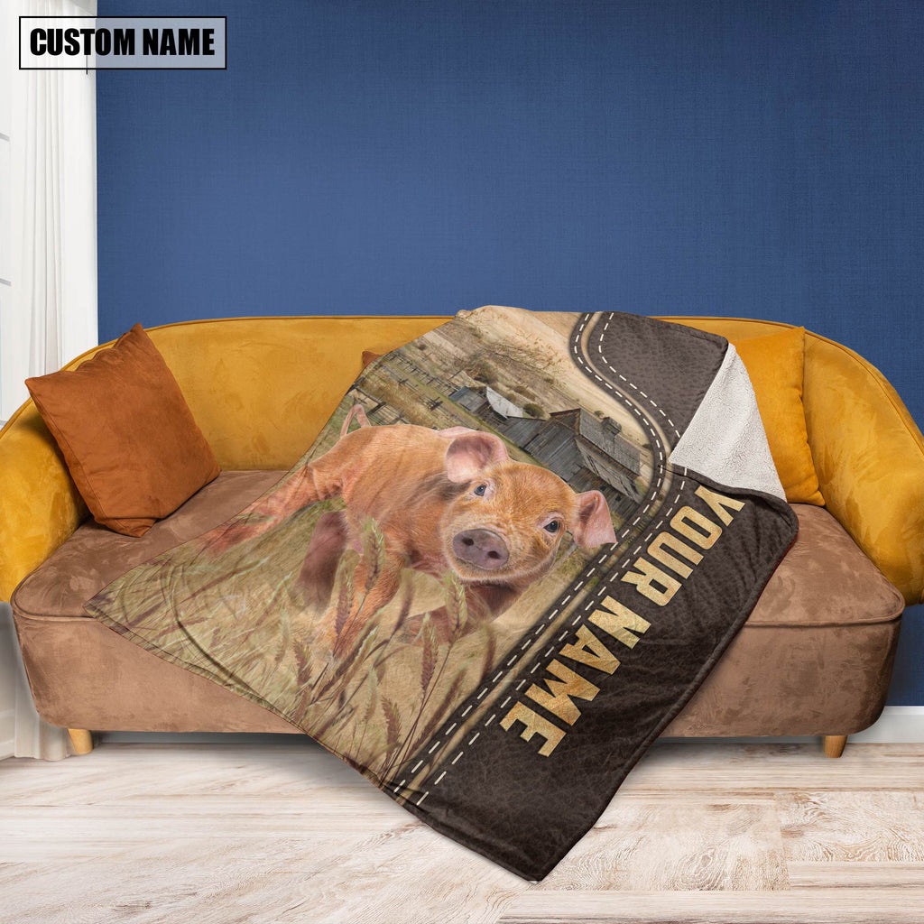 Personalized Name Pig Brown Leather Pattern Blanket
