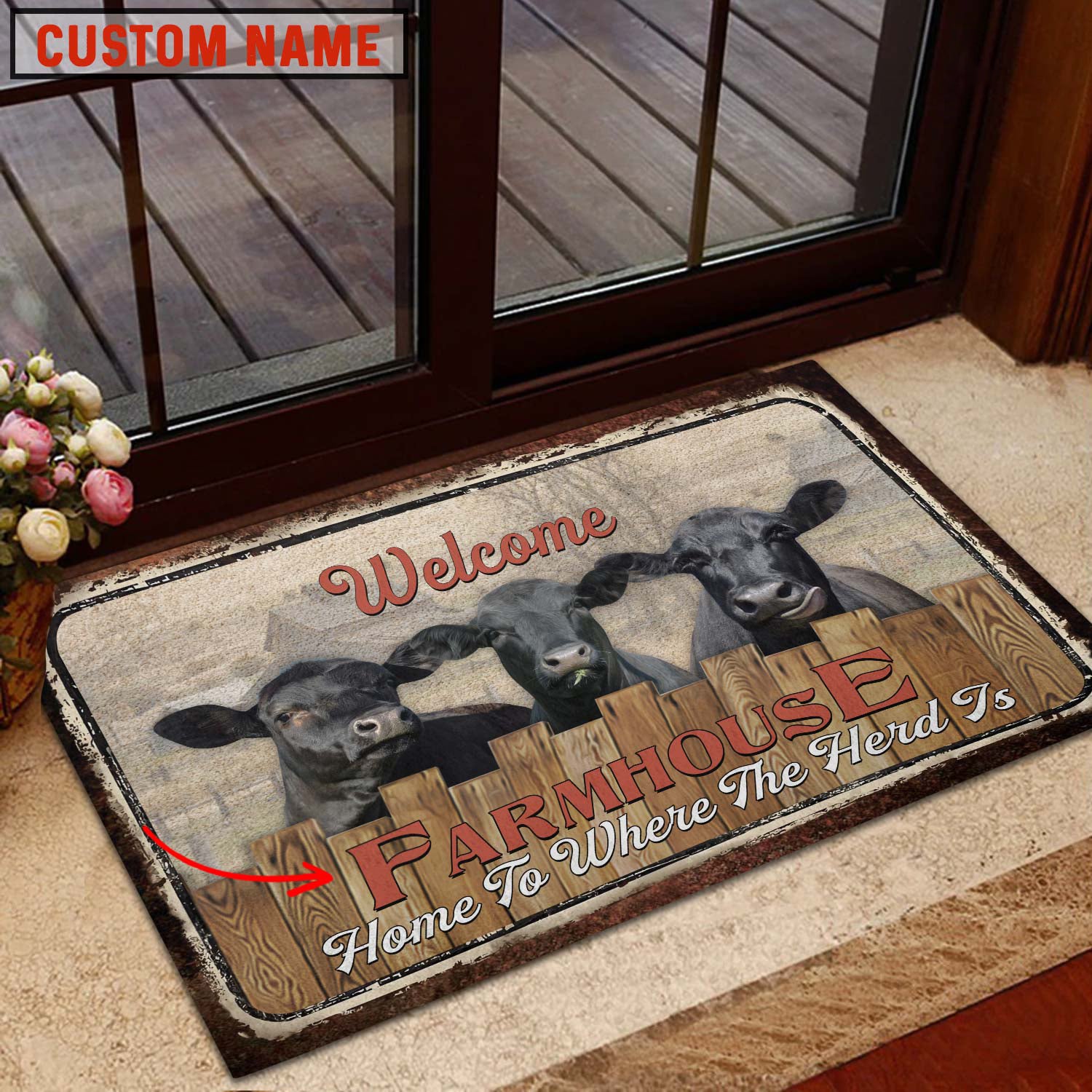 Black Angus Custom Name - Home To Where The Herd Is FarmHouse Doormat
