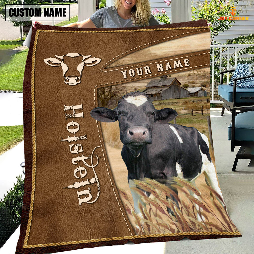 Personalized Name Holstein Farm Leather Brown Blanket