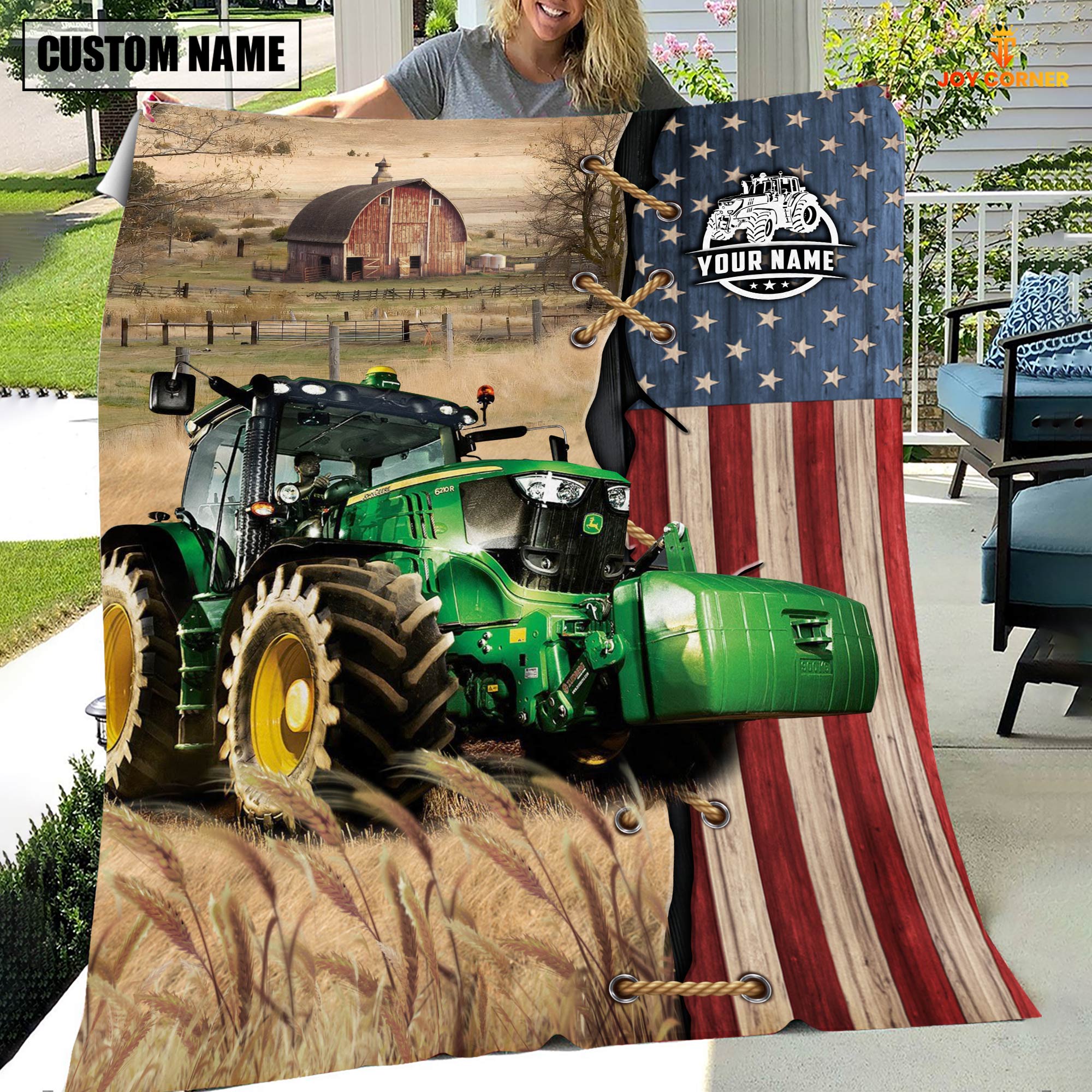 Personalized Name Farm Tractor Flag Vintage Blanket