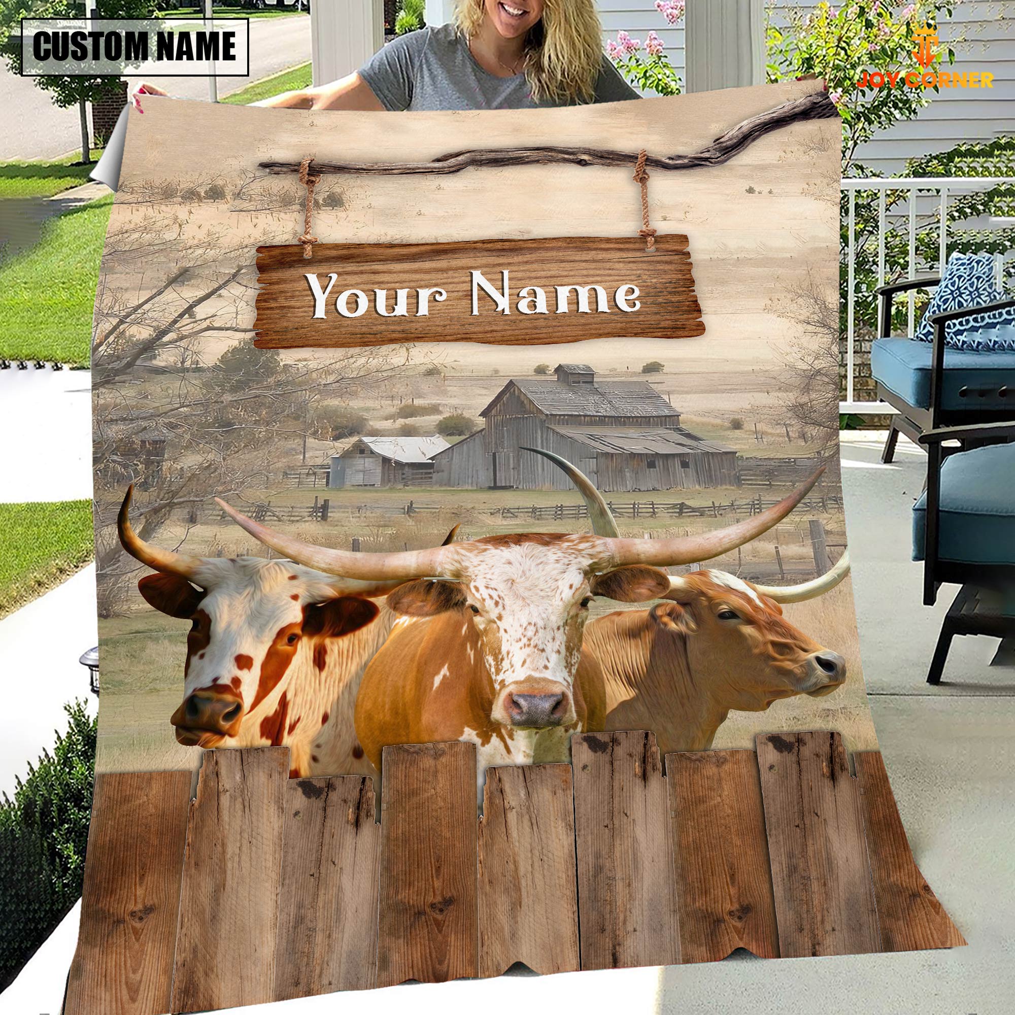 Personalized Name Texas Longhorn Wooden Pattern Blanket