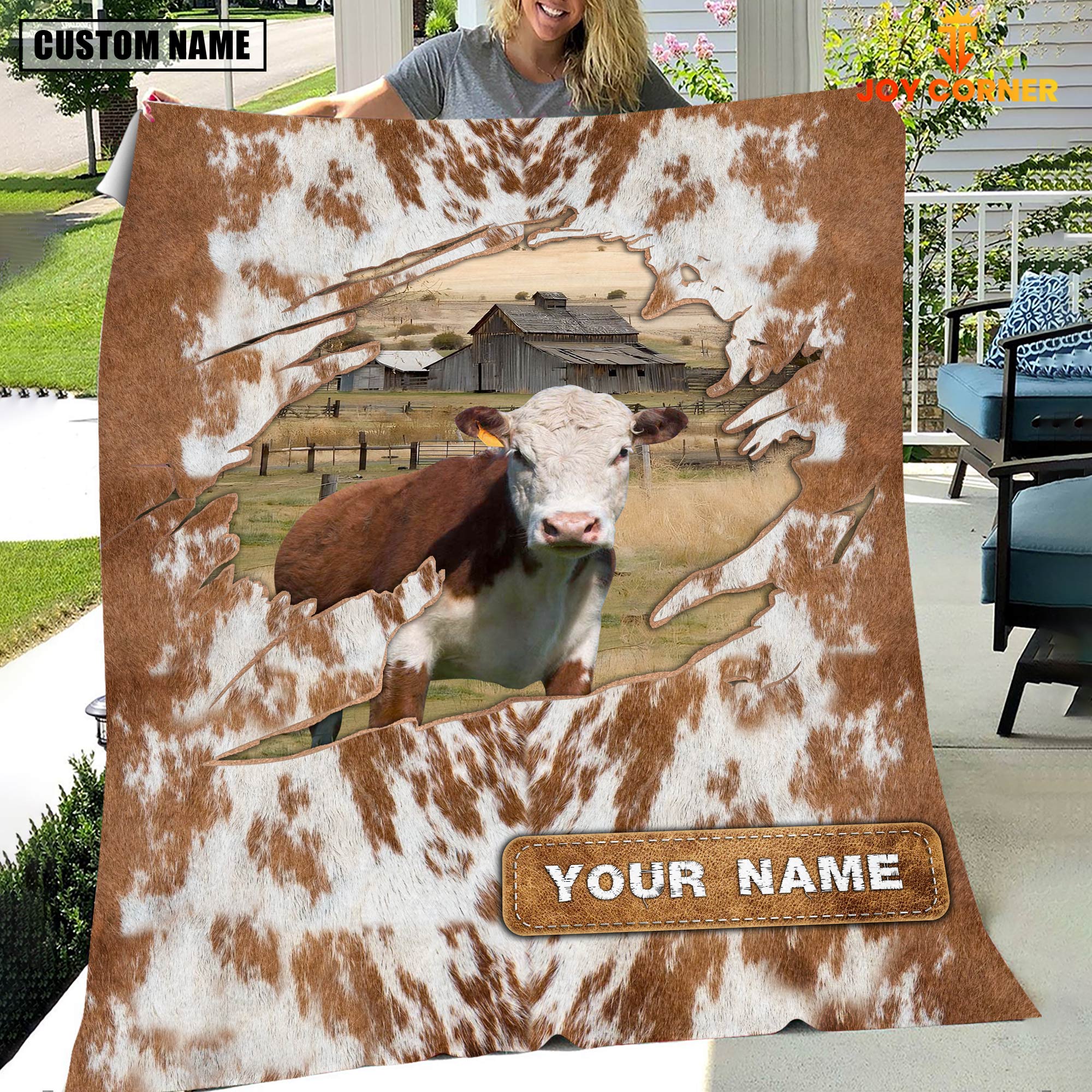 Custom Name Hereford Cow Hair Pattern Blanket