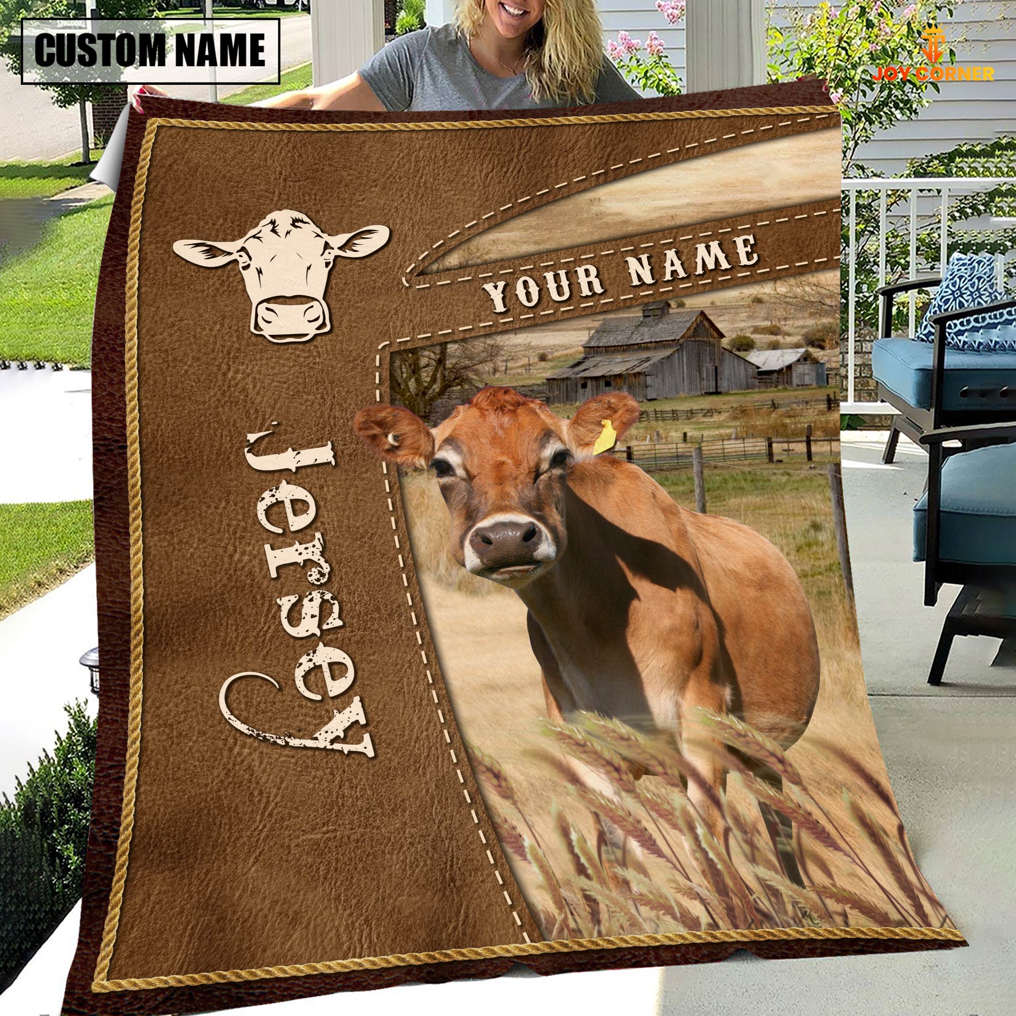 Personalized Name Jersey Farm Leather Brown Blanket