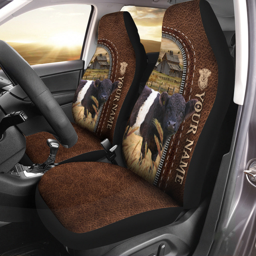 Belted Galloway Personalized Name Leather Pattern Car Seat Covers Universal Fit (2Pcs)