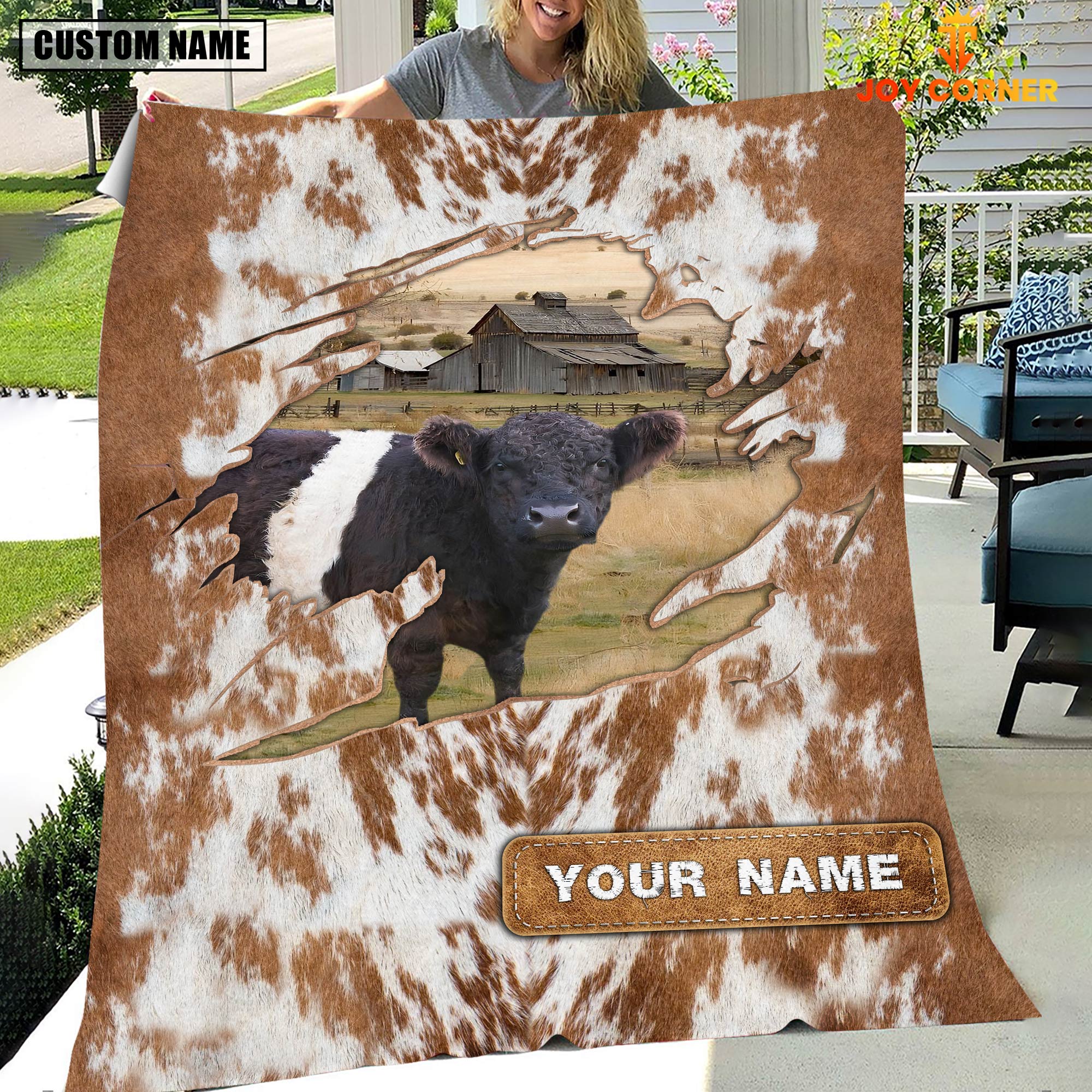 Custom Name Belted Galloway Cow Hair Pattern Blanket