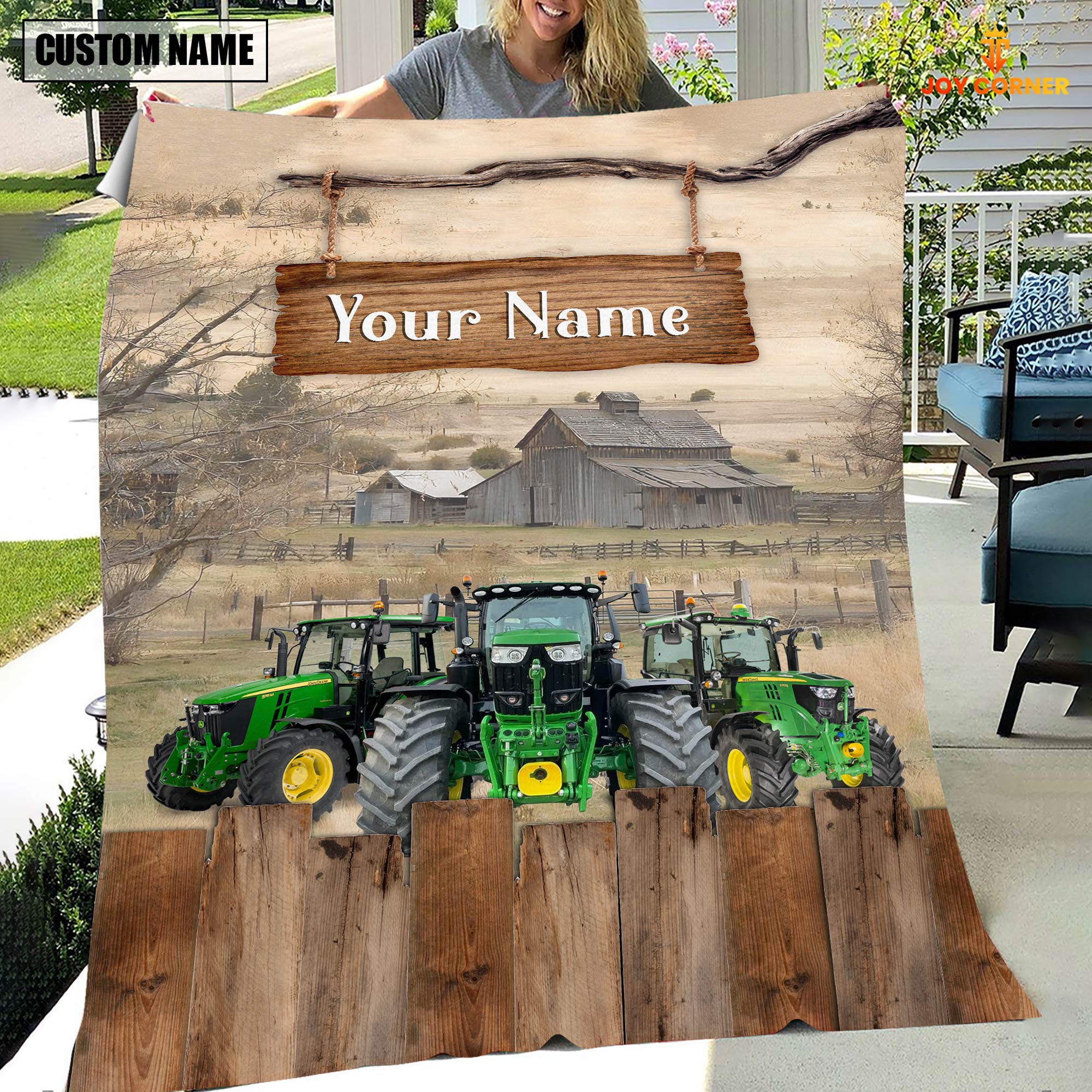 Personalized Name Tractor Wooden Pattern Blanket