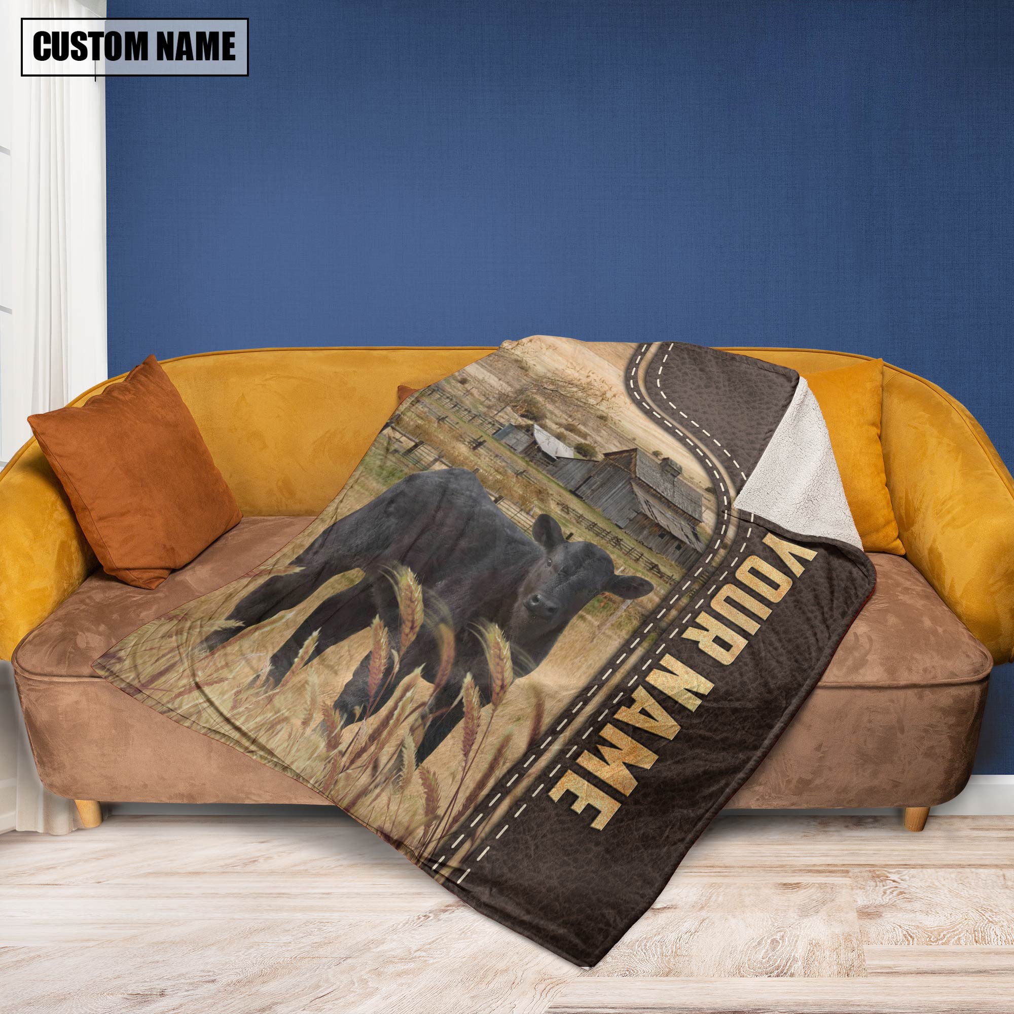 Personalized Name Black Angus 2 Leather Pattern Blanket