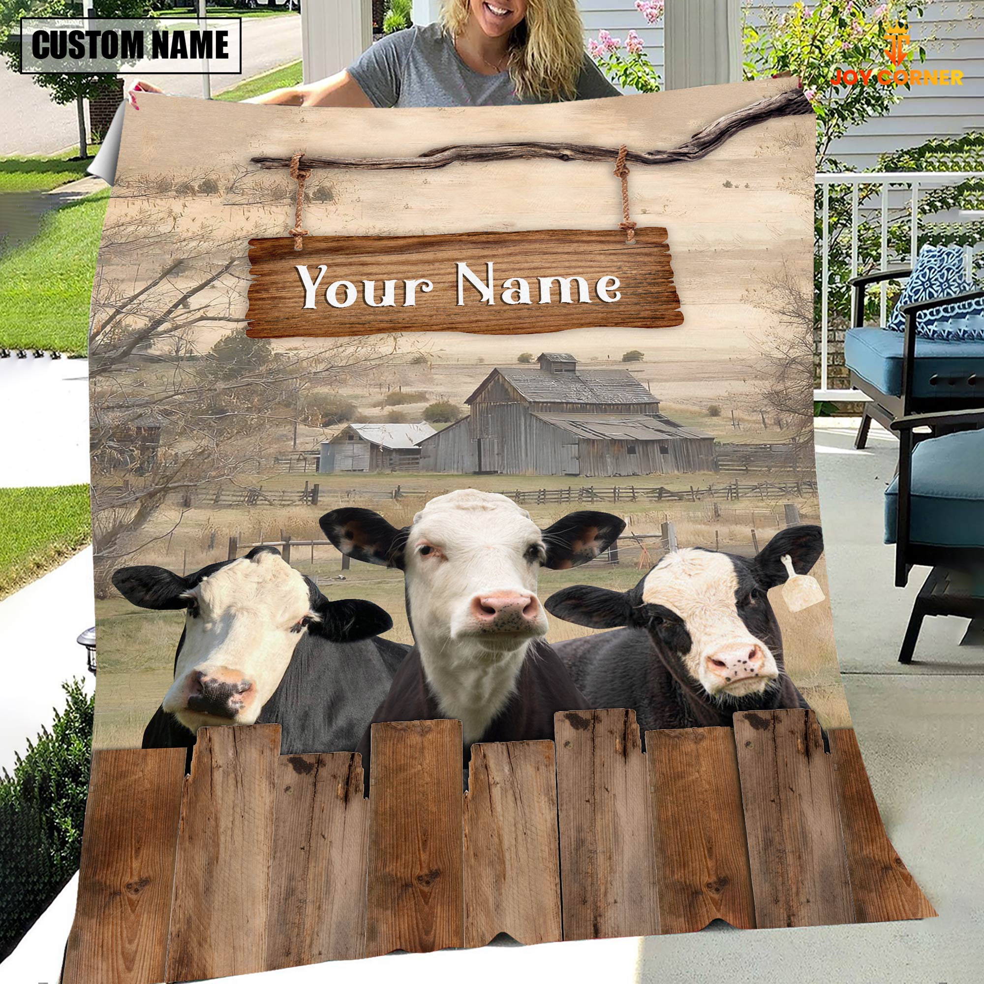 Personalized Name Black Hereford Wooden Pattern Blanket