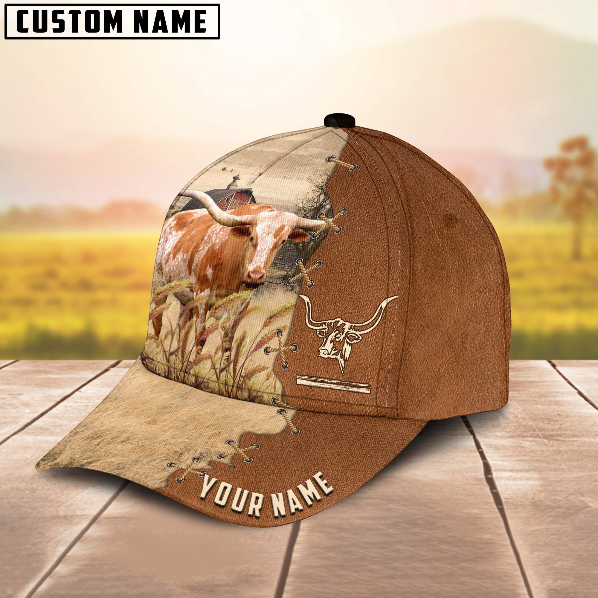 Texas Longhorn Custom Name Brown Leather Pattern Cap