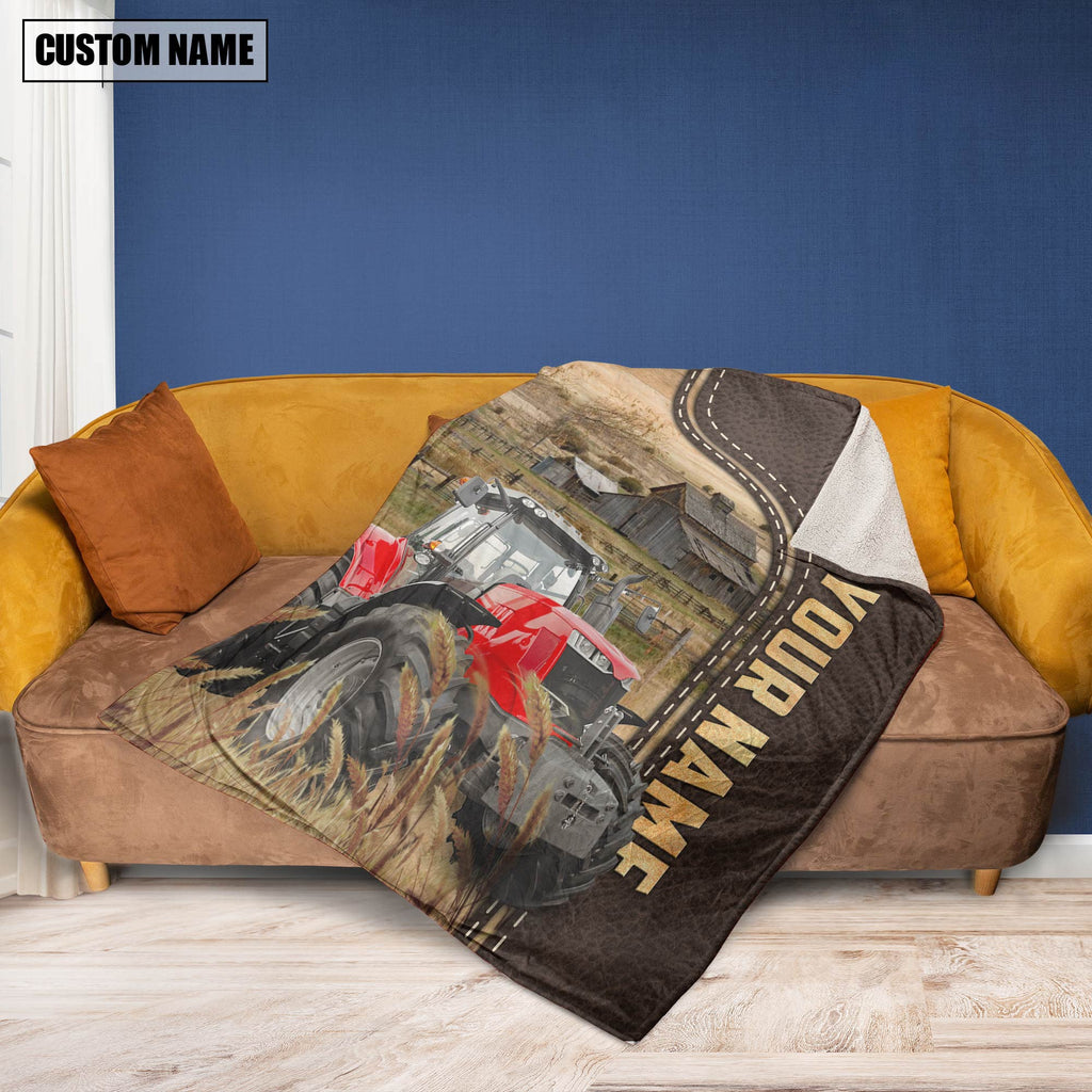 Personalized Name Red Tractor Leather Pattern Blanket