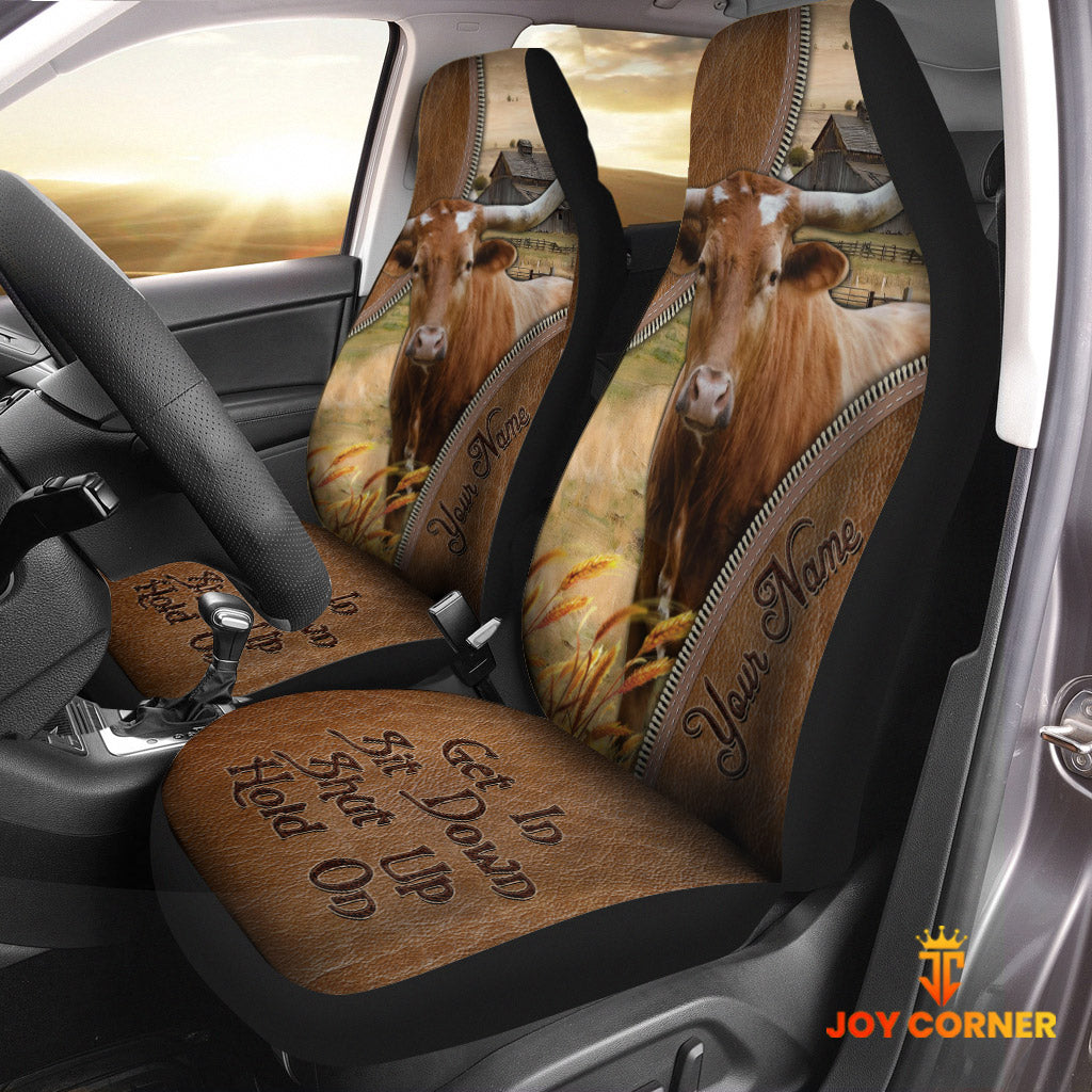 Texas Longhorn Customized Name Leather Pattern Car Seat Covers (2Pcs)