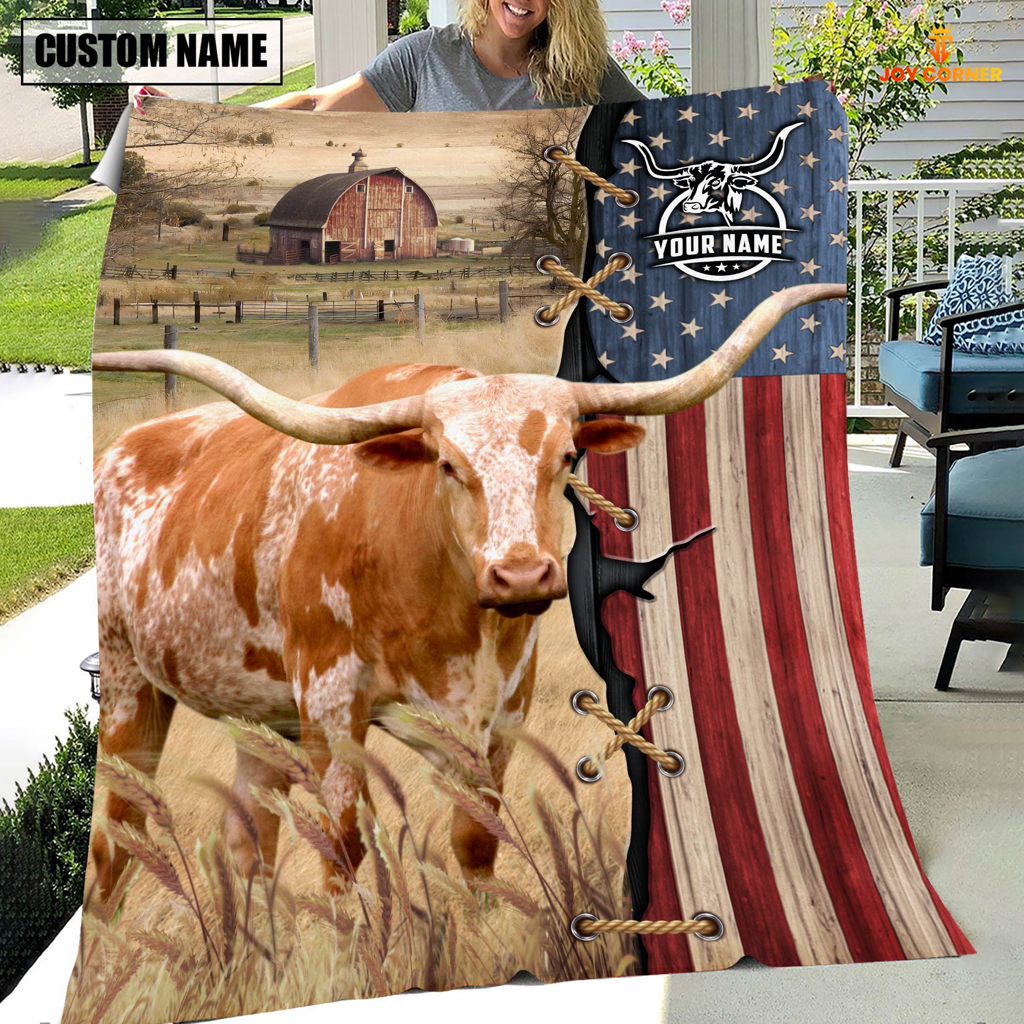 Personalized Name Texas Longhorn Flag Vintage Blanket