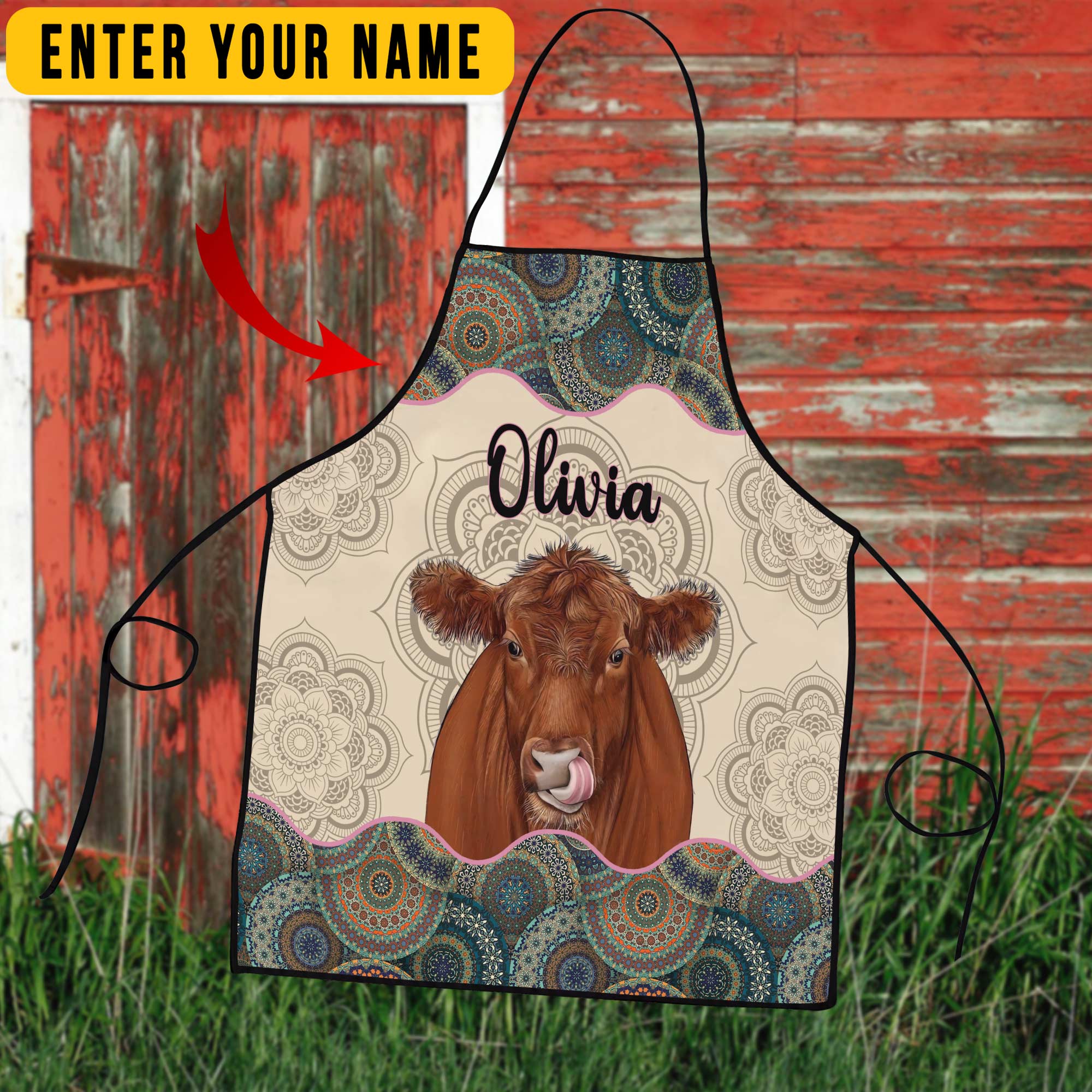 Personalized Name Mandala Pattern Red Angus All Over Printed 3D Apron