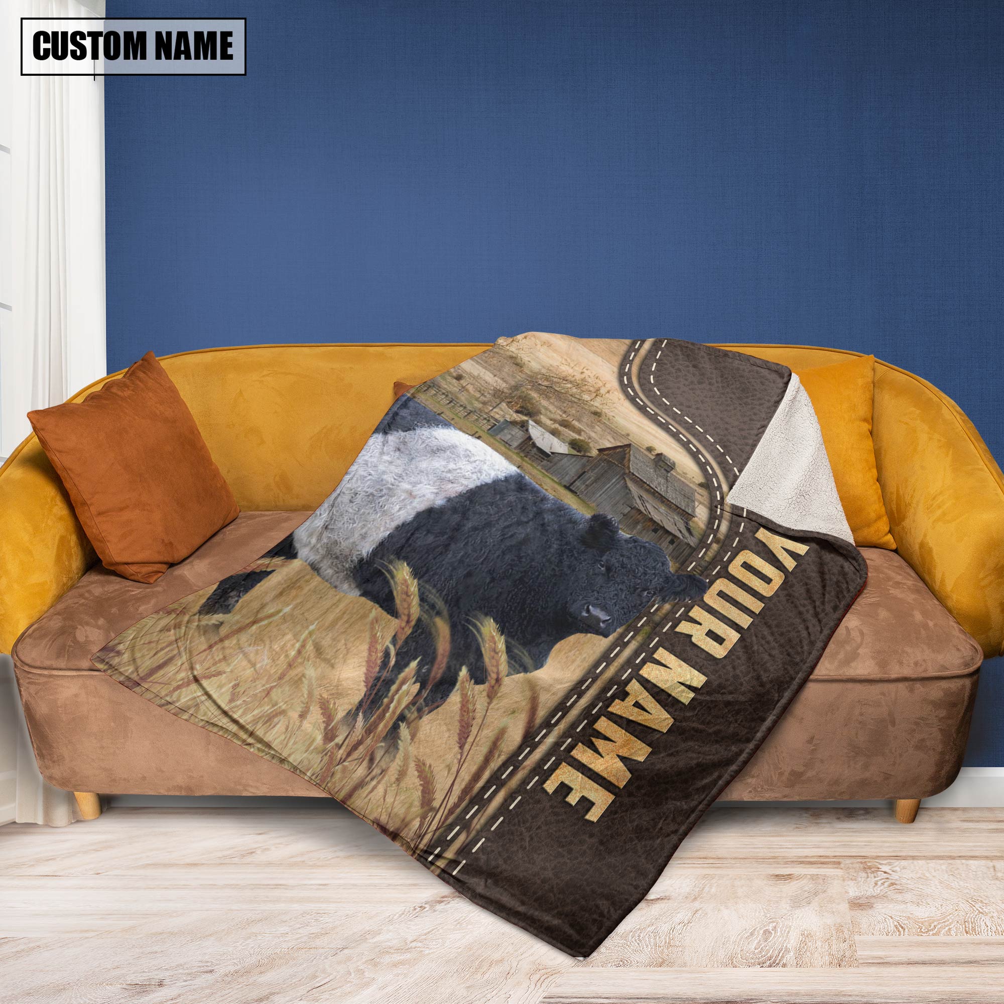 Personalized Name Belted Galloway Leather Pattern Blanket