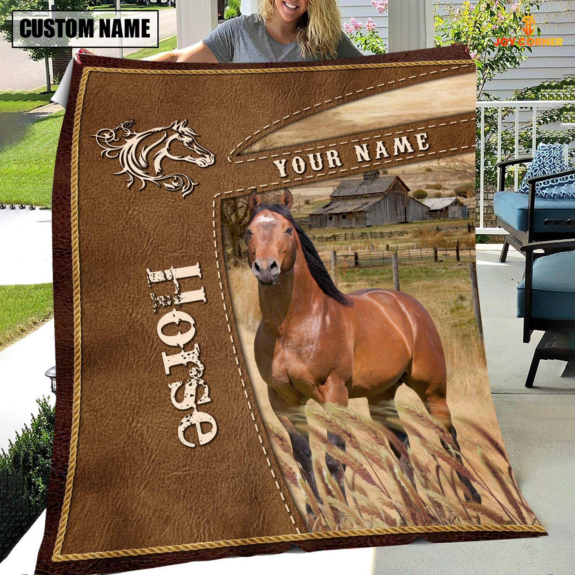 Personalized Name Horse Farm Leather Brown Blanket
