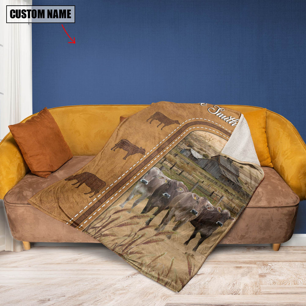 Personalized Brown Swiss Cattle In Field Farmhouse Blanket