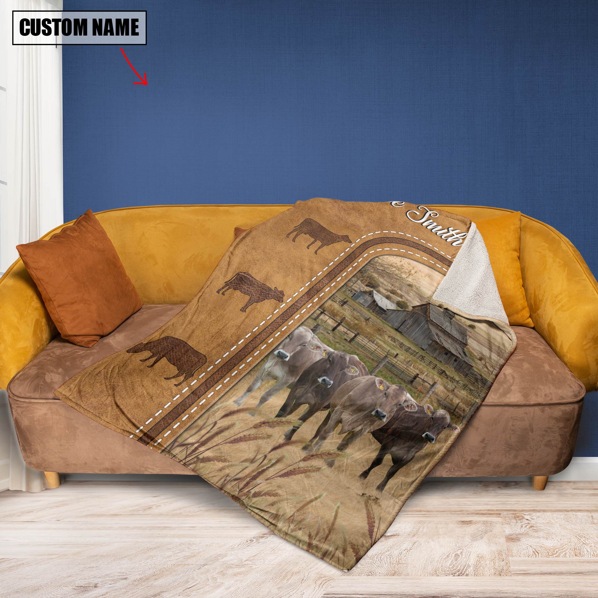 Personalized Brown Swiss Cattle In Field Farmhouse Blanket